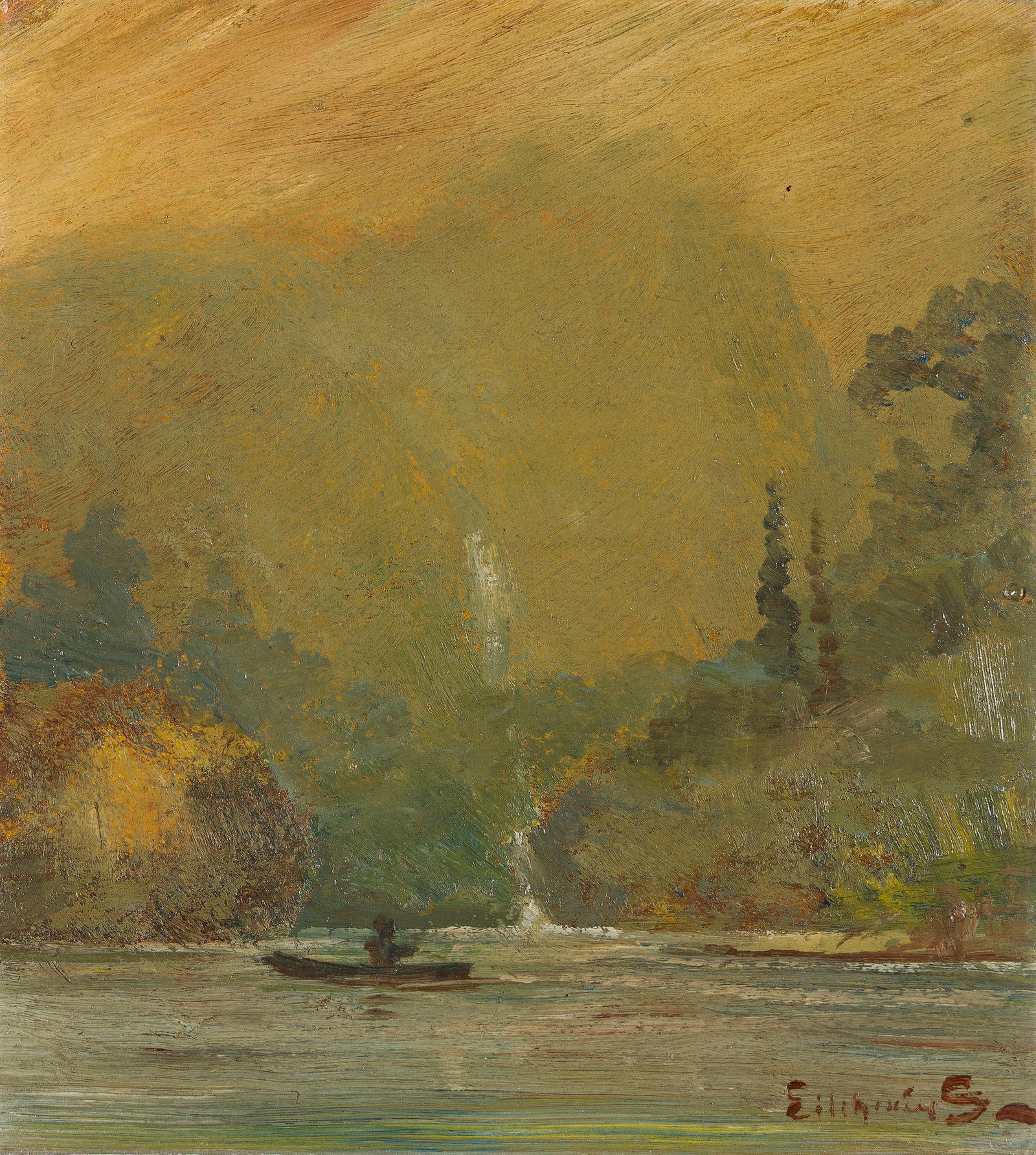 Louis Eilshemius (1864-1941), Mountain Lake, circa 1900.: Louis Eilshemius(1864-1941)Mountain Lake.Oil on board, circa 1900.Signed lower right.9 x 8 1/4 in. (22.9 x 21 cm.)Frame: 15 x 14 1/4 in. (38.1 x 36.2 cm.) Provenance:Julius Zirinsky,