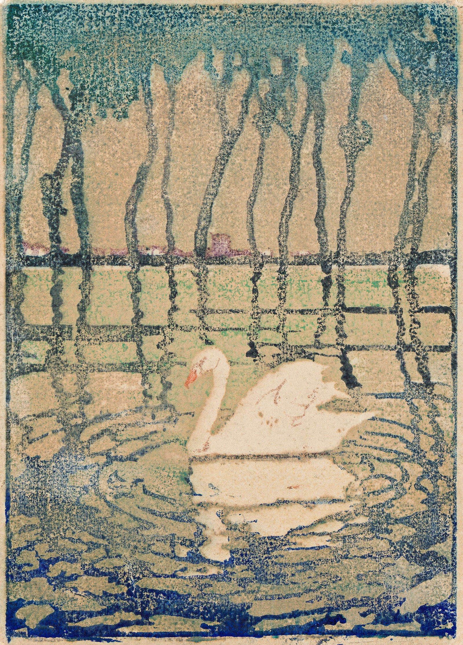 Margaret Patterson (1867-1950) The Swan, circa 1914.: Margaret Patterson(1867-1950)The Swan.Color woodcut, circa 1914.Bakker 35.Image: 9 1/8 x 6 5/8 in. (23.2 x 16.8 cm.), full margins.Frame: 12 1/2 x 15 in. (31.8 x 38.1 cm.) Provenance: