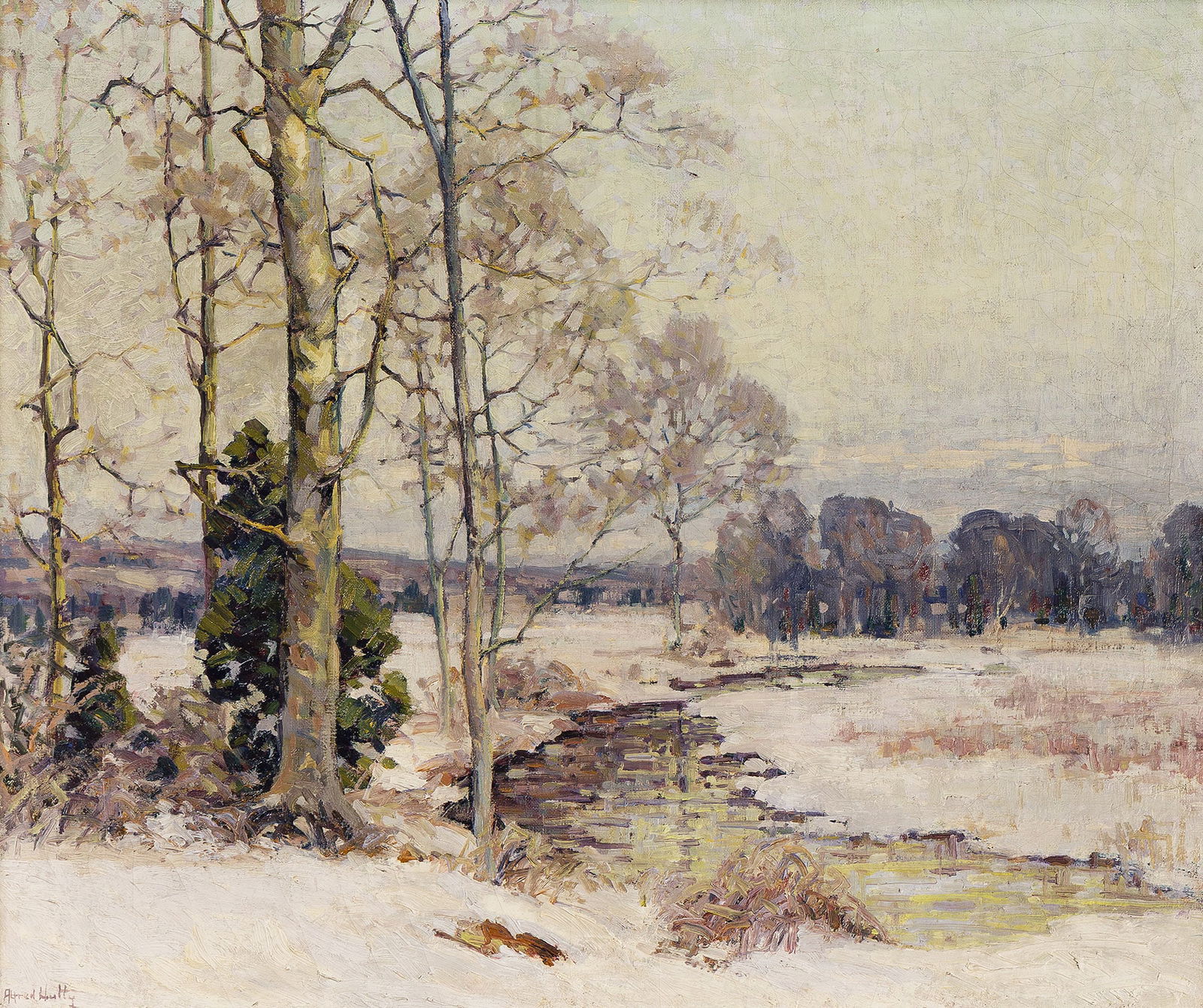 Alfred Heber Hutty (1877-1954), Early Snow, circa 1920.: Alfred Heber Hutty(1877-1954)Early Snow.Oil on canvas, circa 1920.Signed lower left.25 x 30 in. (63.5 x 76.2 cm.)Frame: 36 x 40 1/2 x 3 in. (91.4 x 102.9 x 7.6 cm.)Note:Origin
