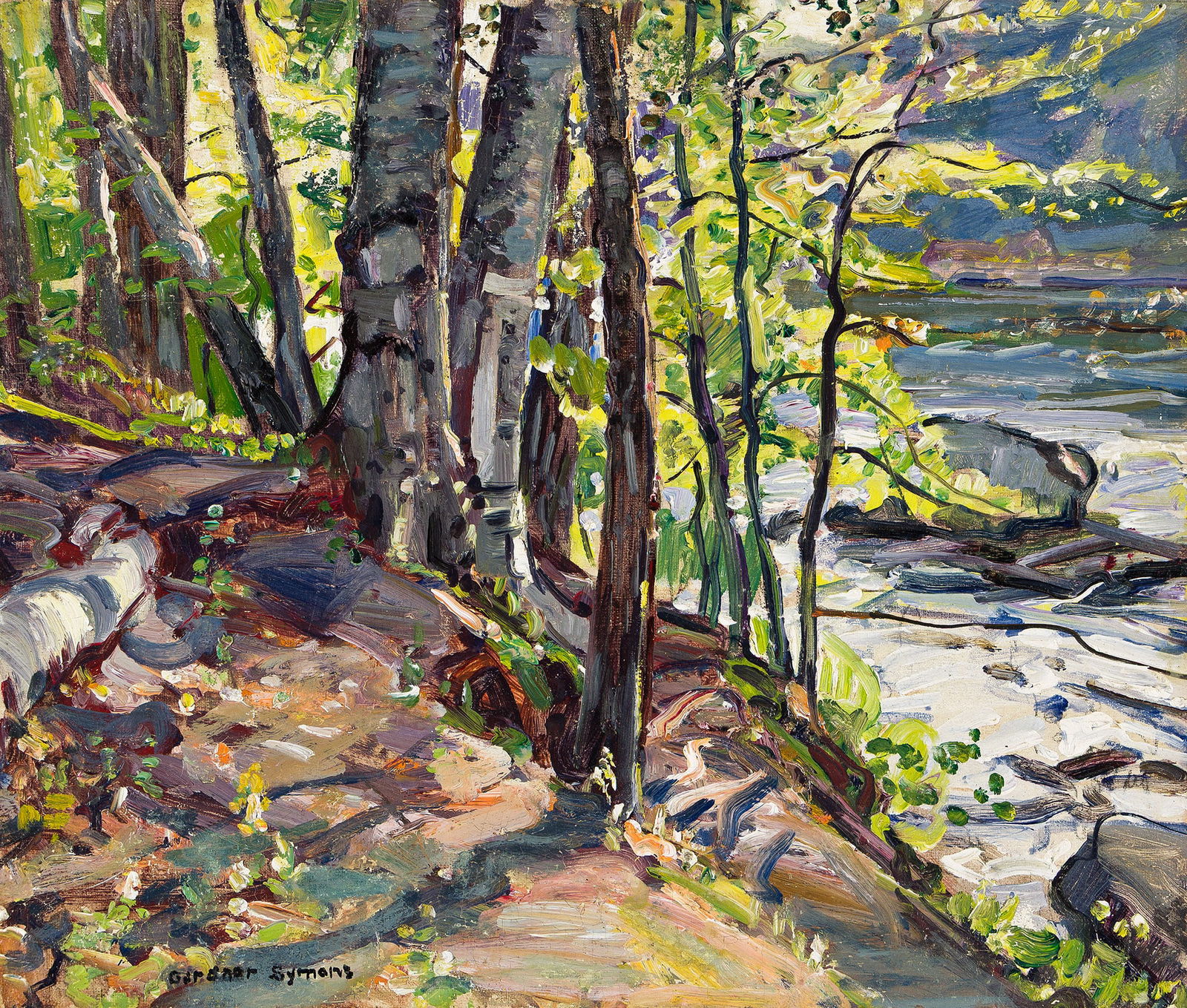 George Gardner Symons (1861-1930), Birch Trees Along a Stream, circa 1920.: George Gardner Symons(1861-1930)Birch Trees Along a Stream.Oil on canvas board, circa 1920.Signed lower left.14 7/8 x 17 5/8 in. (37.8 x 44.8 cm.)Frame: 20 x 22 1/2 in. (50.8 x 57.2 cm.) P