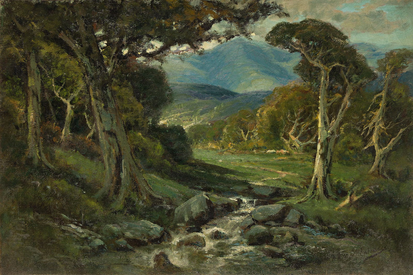 Manuel Valencia (1856-1935), California Scene.: Manuel Valencia(1856-1935)California Scene.Oil on canvas.Signed lower right. Inscribed indistinctly in charcoal, verso.20 x 29 7/8 in. (50.5 x 76 cm.)Frame: 26 1/2 x 36 1/2 in. (67.3 x 92.7 cm.)