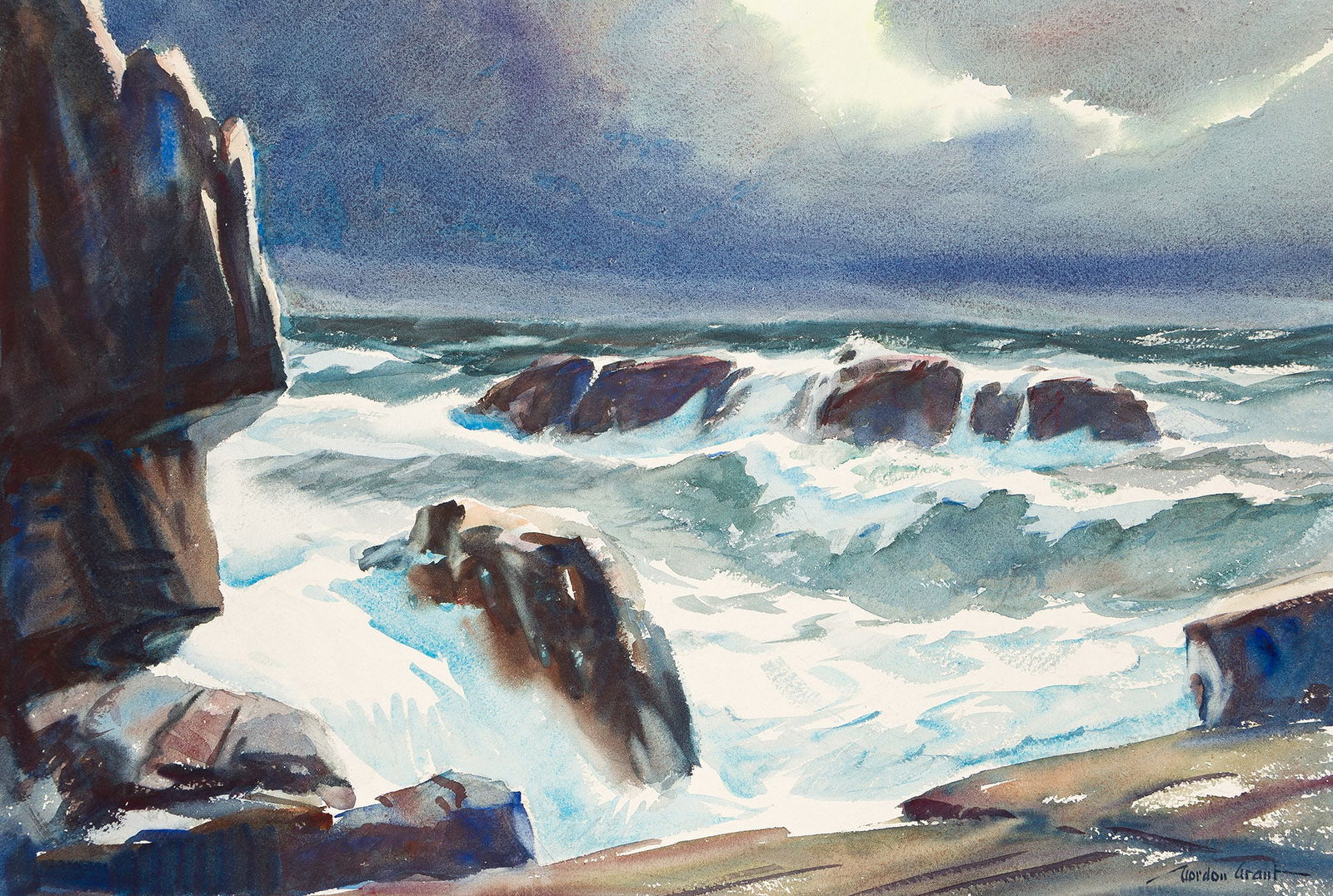 Gordon Hope Grant (1875-1962), Wind and Tide, circa 1935.: Gordon Hope Grant(1875-1962)Wind and Tide.Watercolor on cream wove paper, circa 1935.Signed lower right.15 1/2 x 22 5/8 in. (39.4 x 57.5 cm.)Frame: 22 1/2 x 29 in. (57.2 x 73.7 cm.)With