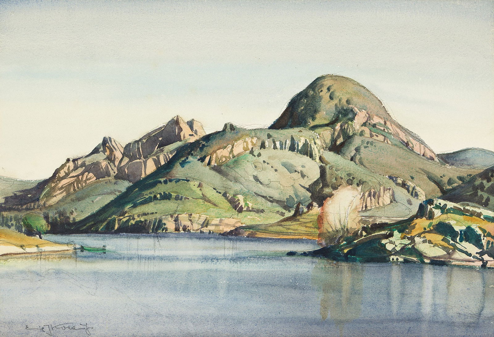 Emil Kosa, Jr. (1903-1968), Sherwood Lake.: Emil Kosa, Jr.(1903-1968)Sherwood Lake.Watercolor on Arches watercolor paper.Signed in pencil, lower left. Signed, titled and inscribed in pencil, verso.14 5/8 x 21 1/8 in. (37.2 x 53.7 cm.)Frame: 25