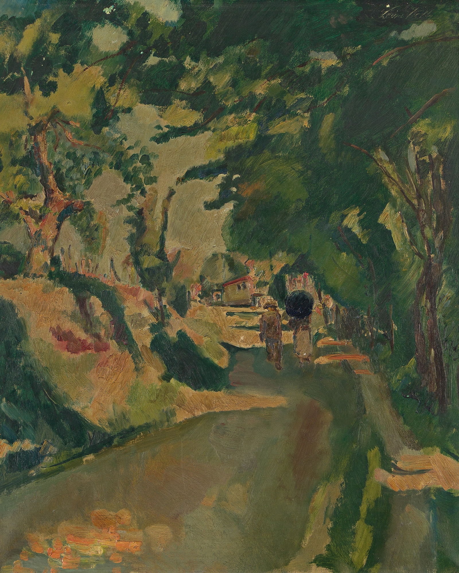 Leon Kelly (1901-1982), Le couple sur un allée, circa 1925.: Leon Kelly(1901-1982)Le couple sur un allée.Oil on canvas, circa 1925.Signed upper right and verso.25 1/2 x 21 1/4 in. (65 x 54 cm.)Frame: 28 x 24 in. (71.1 x 61 cm.) Provenance: