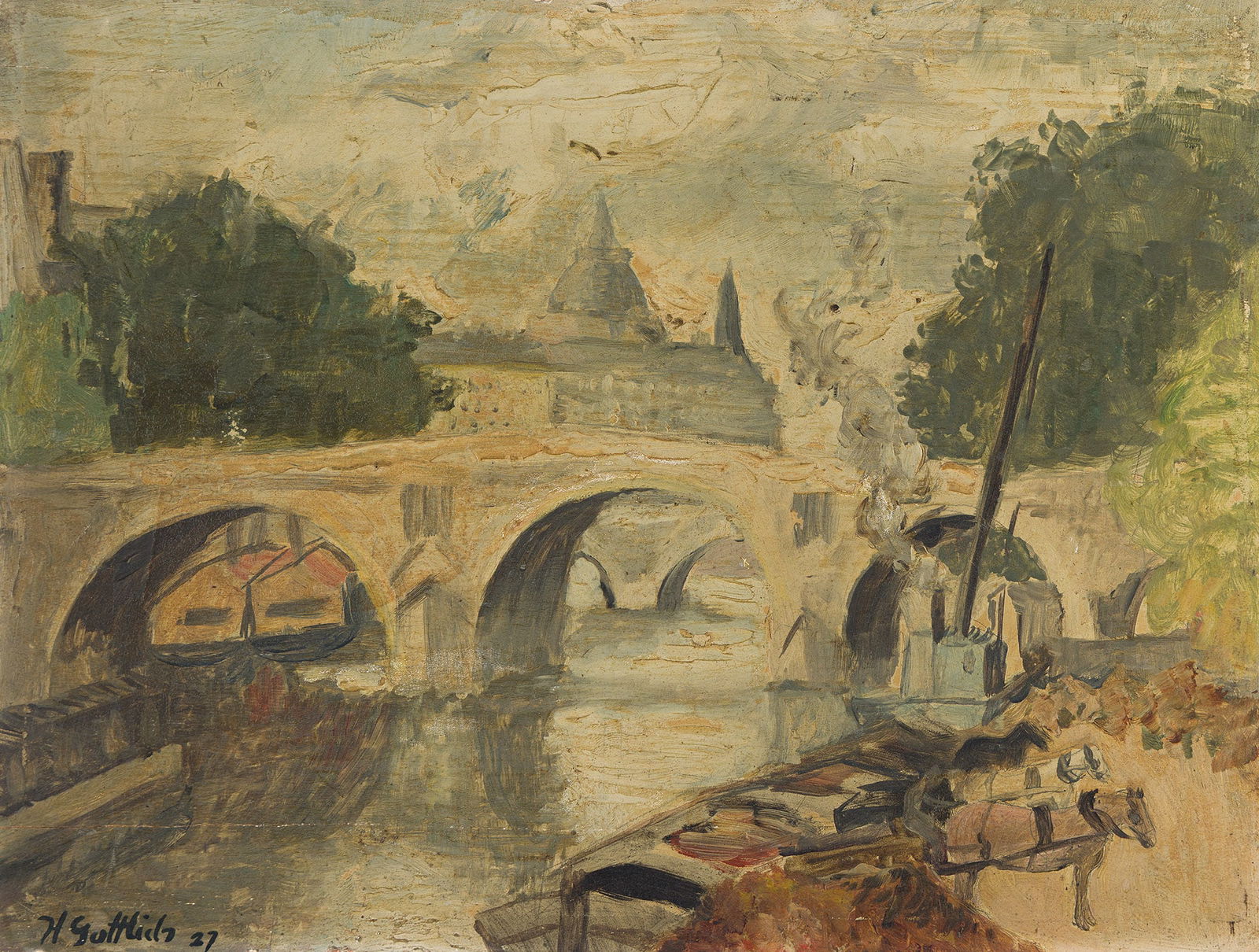 Harry Gottlieb (1895-1992), Isle de St. Louis, 1927.: Harry Gottlieb(1895-1992)Isle de St. Louis.Oil on panel, 1927.Signed and dated lower left.10 1/2 x 13 7/8 in. (26.7 x 35.2 cm.)Frame: 15 7/8 x 19 1/8 in. (40.3 x 48.6 cm.) Provenance: