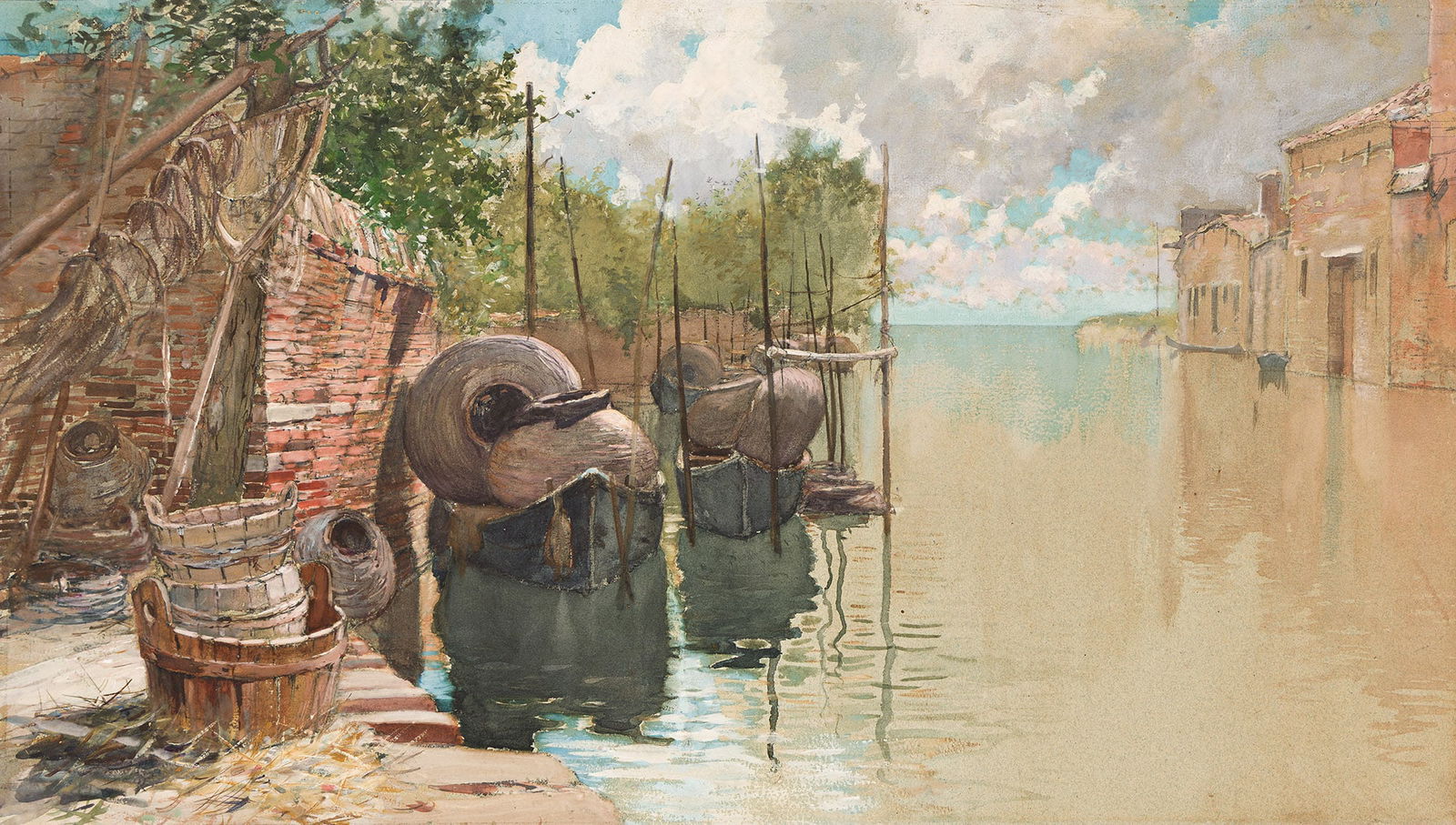 Francis Hopkinson Smith (1838-1915), Canal with Boats and Baskets.: Francis Hopkinson Smith(1838-1915)Canal with Boats and Baskets.Watercolor and gouache on wove paper.14 3/4 x 25 in. (37.5 x 63.5 cm.)Frame: 23 3/4 x 34 in. (60.3 x 86.4 cm.) Provenance:Ski