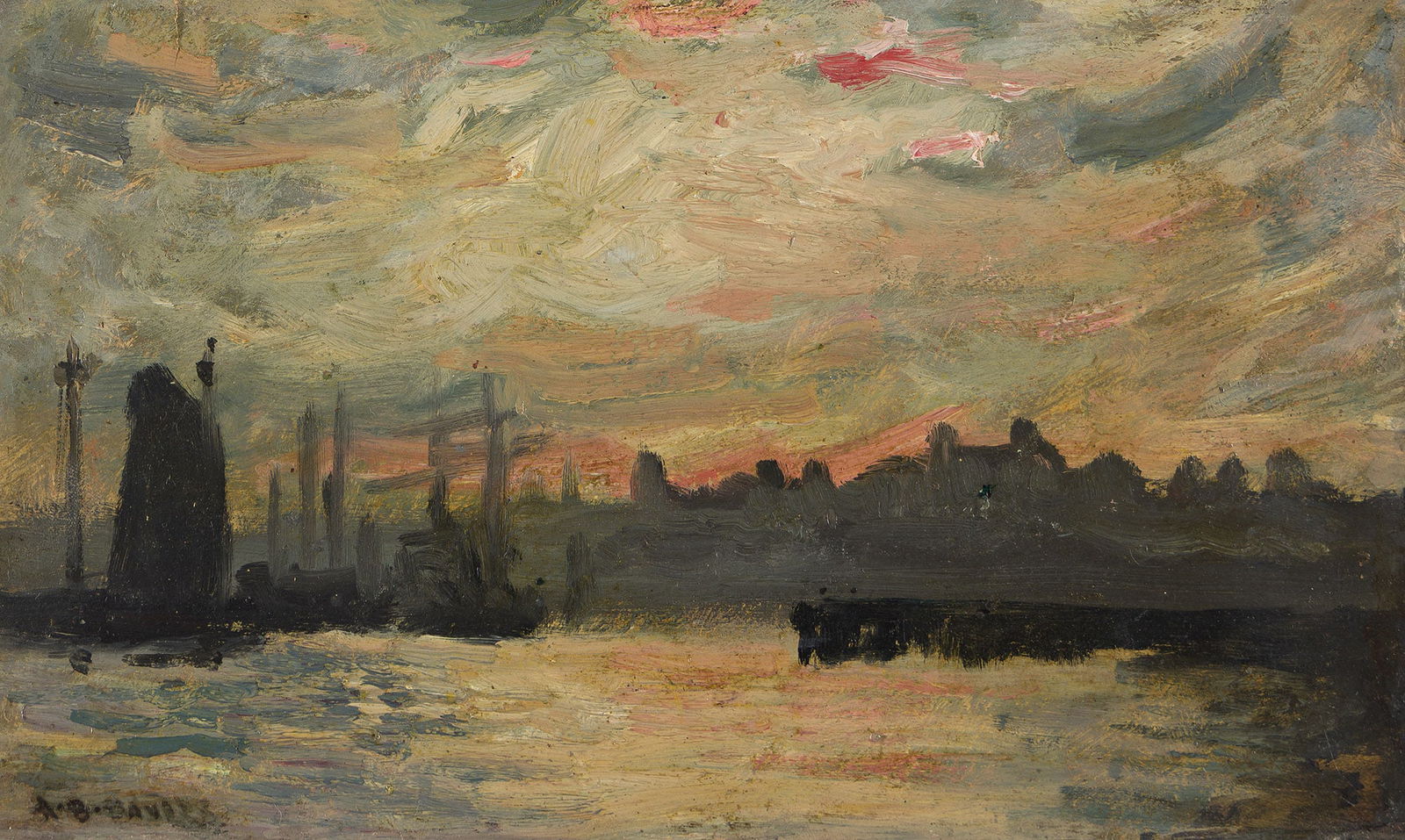 Arthur Bowen Davies (1862-1928), Evening- The Bay.: Arthur Bowen Davies(1862-1928)Evening- The Bay.Oil on board.Signed lower left. Inscribed "CONN CONT" in chalk, verso.5 1/4 x 9 1/4 in. (13.3 x 23.5 cm.)Frame: 6 7/8 x 10 3/4 in. (17.5 x 27.3 cm.)