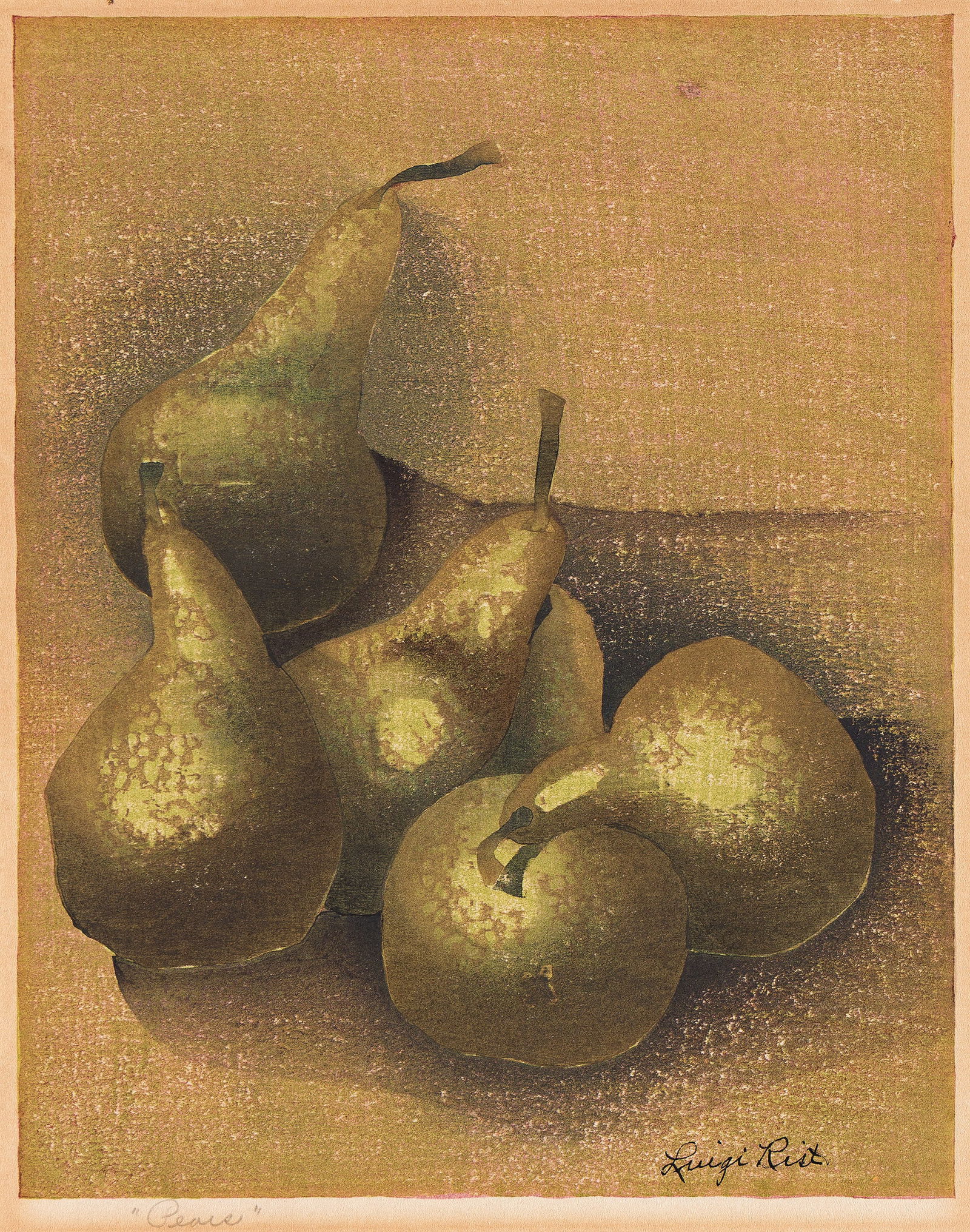 Luigi Rist (1888-1959) Pears, 1948.: Luigi Rist(1888-1959)Pears.Color woodcut, 1948.Edition of approximately 113. Signed in ink, lower right. Titled and inscribed "96" in pencil, lower margin.Image: 9 x 7 1/8 in. (22.9 x 18.1 cm.), wide