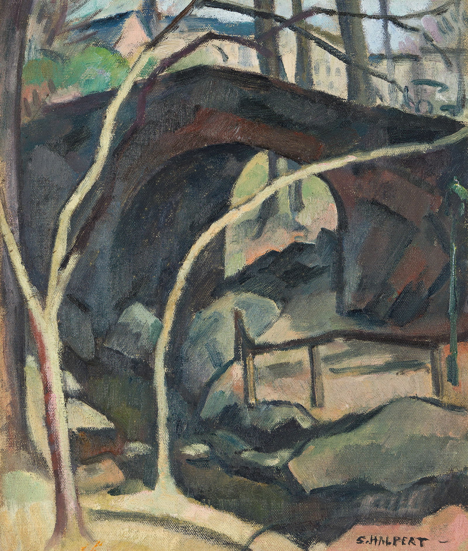 Samuel Halpert (1884-1930), Bridge (Huddlestone Arch, Central Park), circa 1920.: Samuel Halpert(1884-1930)Bridge (Huddlestone Arch, Central Park).Oil on canvas mounted to board, circa 1920.Signed lower right.13 x 11 in. (33 x 27.9 cm.)Frame: 14 5/8 x 12 5/8 in. (37.1 x 32.1 cm.) <