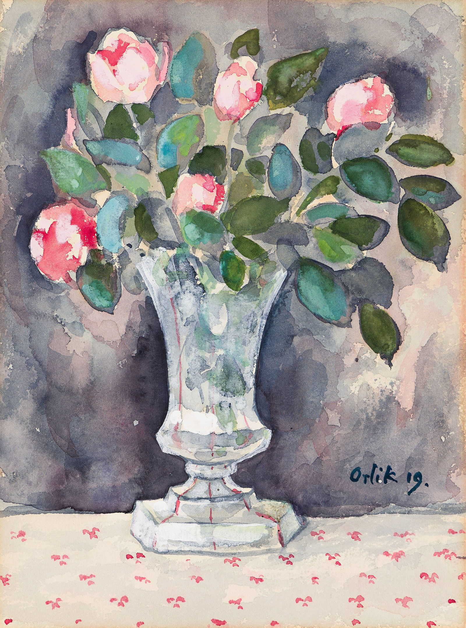 Emil Orlik (1870-1932), Vase with Roses, 1919.: Emil Orlik(1870-1932)Vase with Roses.Watercolor with gouache heightening on paper, 1919.Signed and dated in watercolor, lower right.9 3/4 x 7 1/4 in. (25 x 18.5 cm.) Provenance:Collection