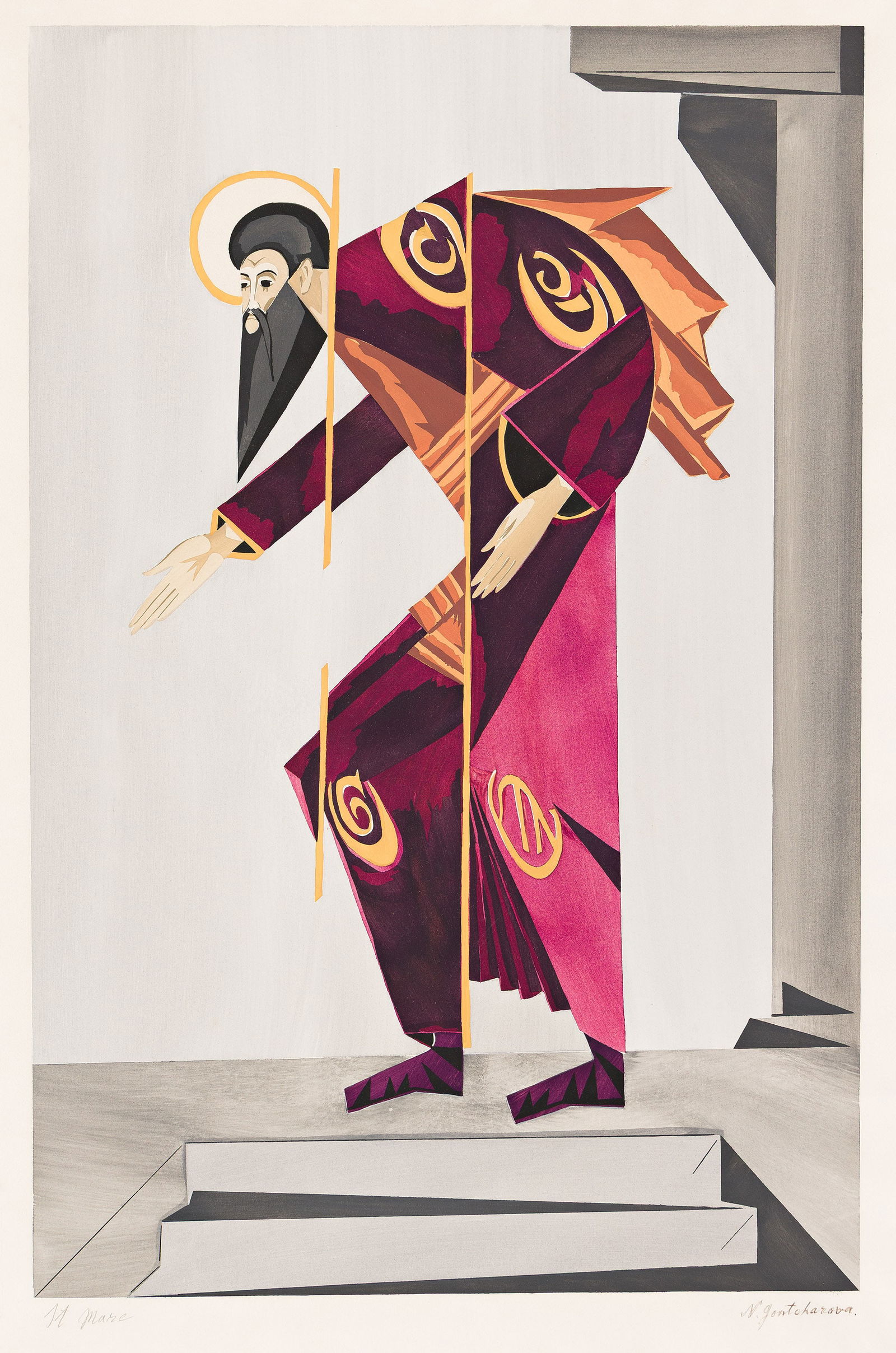 Natalia Goncharova (1881-1962), Costume design for 'Liturgie': St. Mare, circa 1915.: Natalia Goncharova(1881-1962)Costume design for 'Liturgie': St. Mare.Color pochoir with gouache on J. Perrigot Arches MBM paper, circa 1915.Signed in pencil and gouache, lower right and inscribed "St.