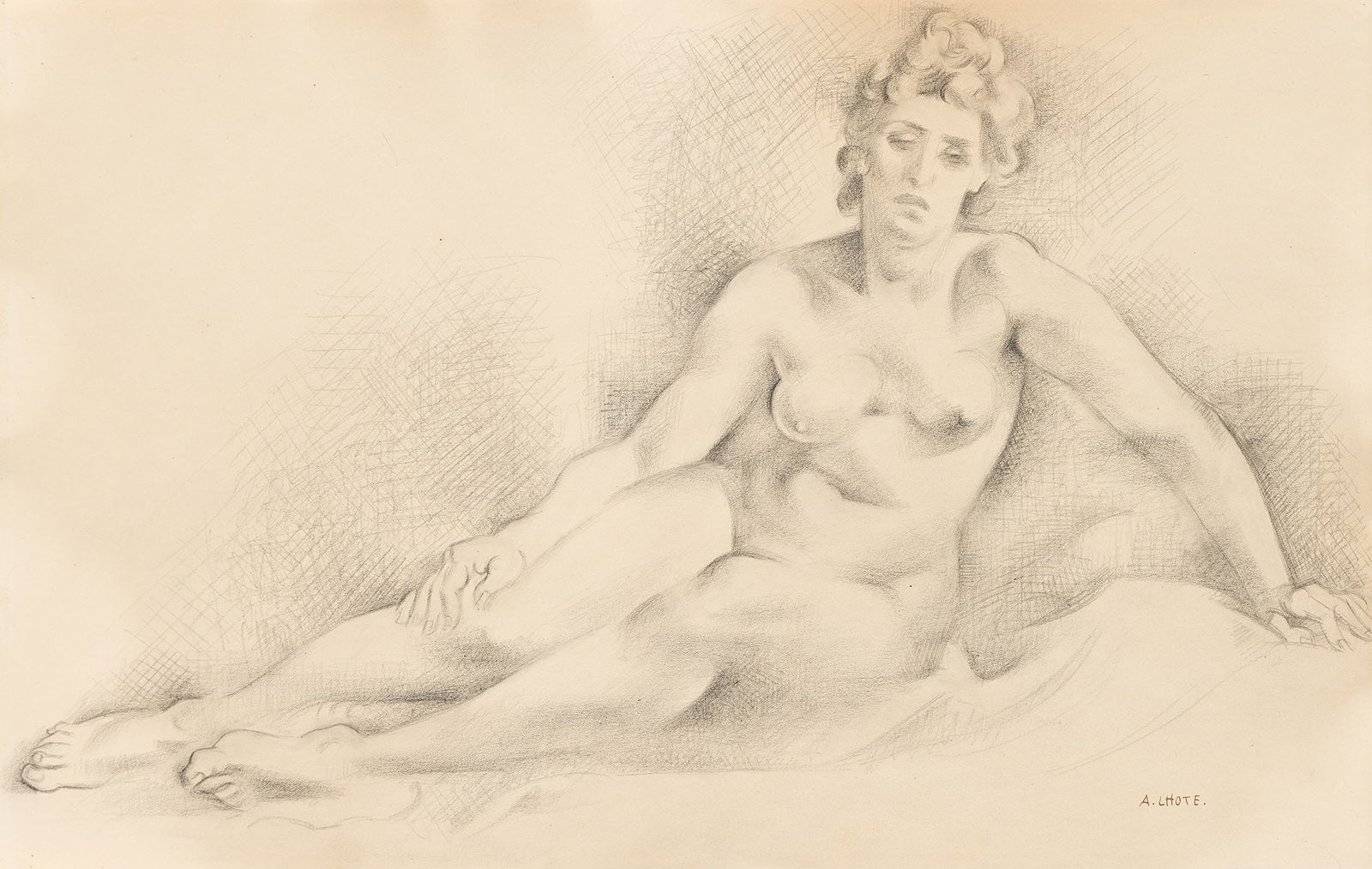 André Lhote (1885-1962), Lounging Nude, circa 1920.: André Lhote(1885-1962)Nu couché.Pencil on cream wove paper, circa 1920.Signed in ink, lower right.12 3/4 x 19 3/4 in. (32.4 x 50.2 cm.)Frame: 18 3/4 x 25 5/8 in. (47.6 x 65.1 cm.)