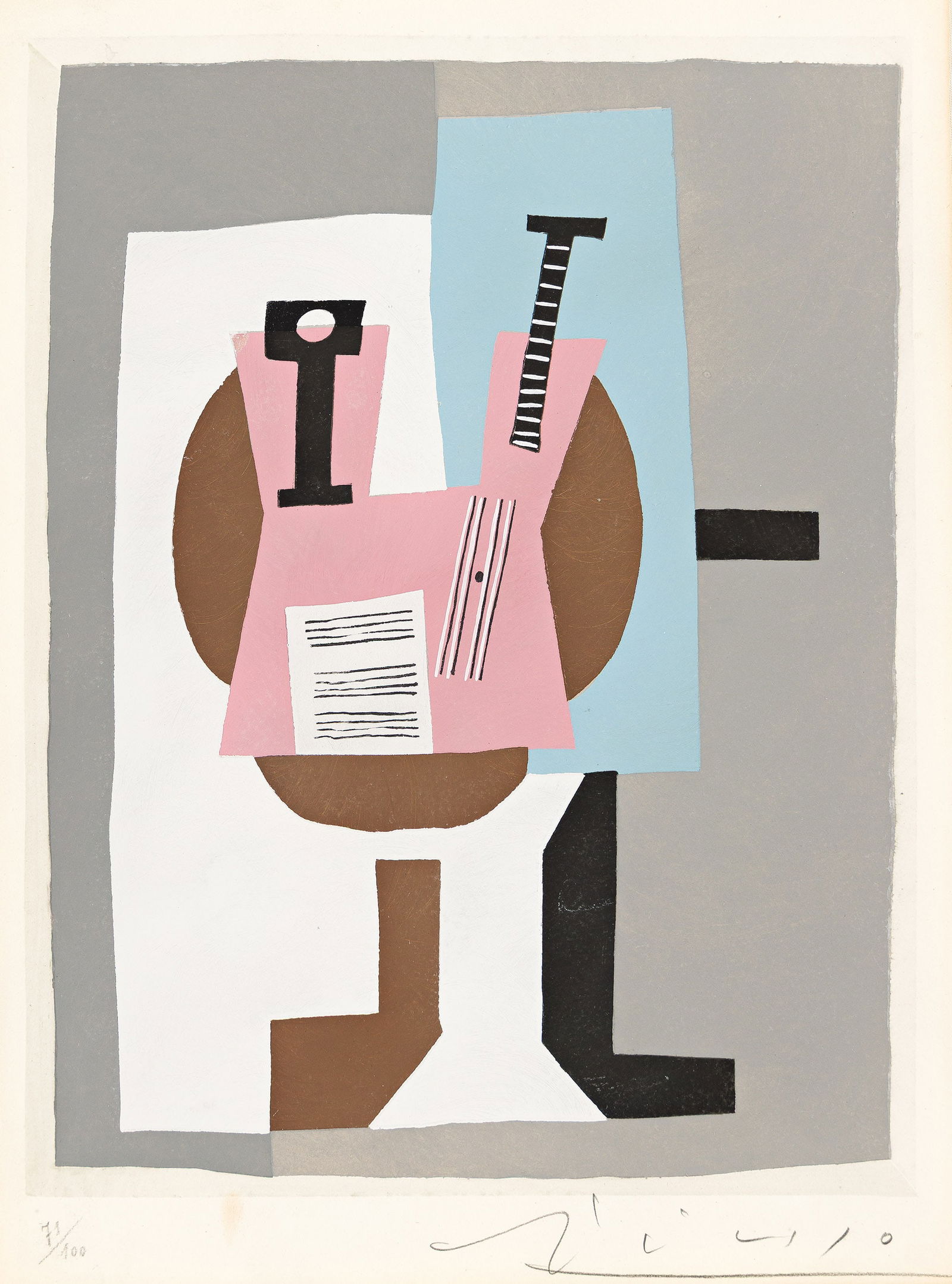 Pablo Picasso (After), Guitare et partition, circa 1920.: Pablo Picasso (After)Guitare et partition.Color pochoir, circa 1920.Signed and numbered 71/100 in pencil, lower margin. Published by Éditions Galerie Rosenberg, Paris. From Dix Pochoirs.Image: 1