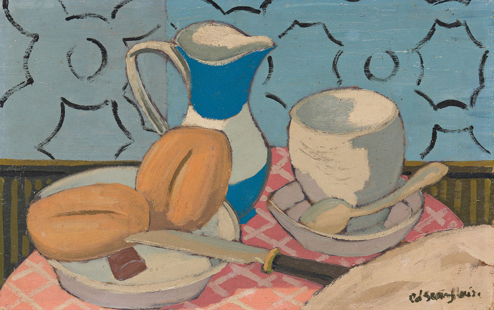 Edgar Scauflaire (1893-1960), Le carré de chocolat.: Edgar Scauflaire(1893-1960)Le carré de chocolat.Oil on board.Signed lower right.12 1/4 x 19 1/8 in. (31.1 x 48.6 cm.)Frame: 15 1/4 x 21 7/8 in. (38.7 x 55.6 cm.) Provenance:Priv