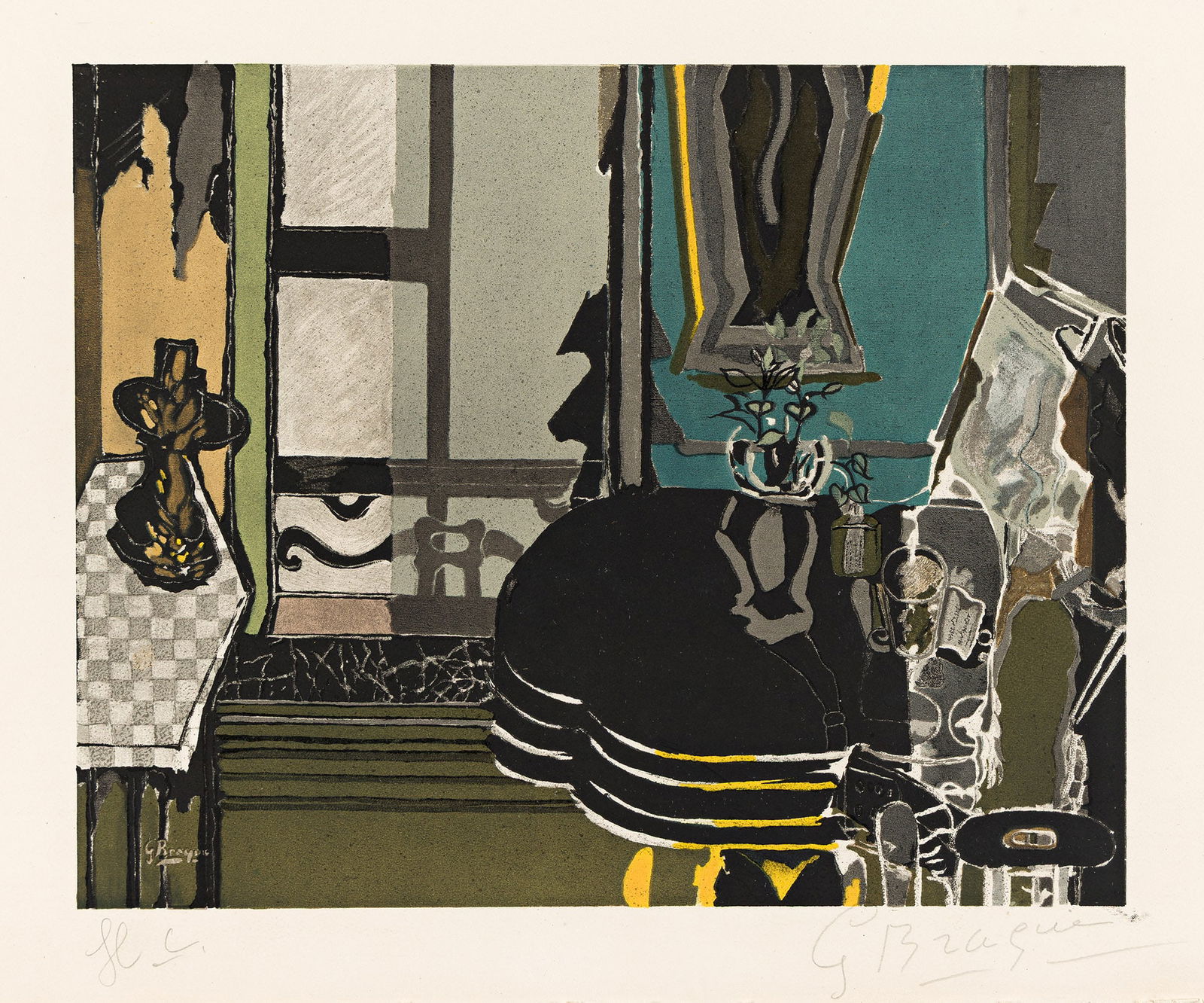 Georges Braque (After), Intérieur à la table noir, 1949.: Georges Braque (After)Intérieur à la table noir.Color lithograph, 1949.One of approximately 25 hors commerce impressions, aside from the centerfold edition of 250. Signed and inscribed "H.C.