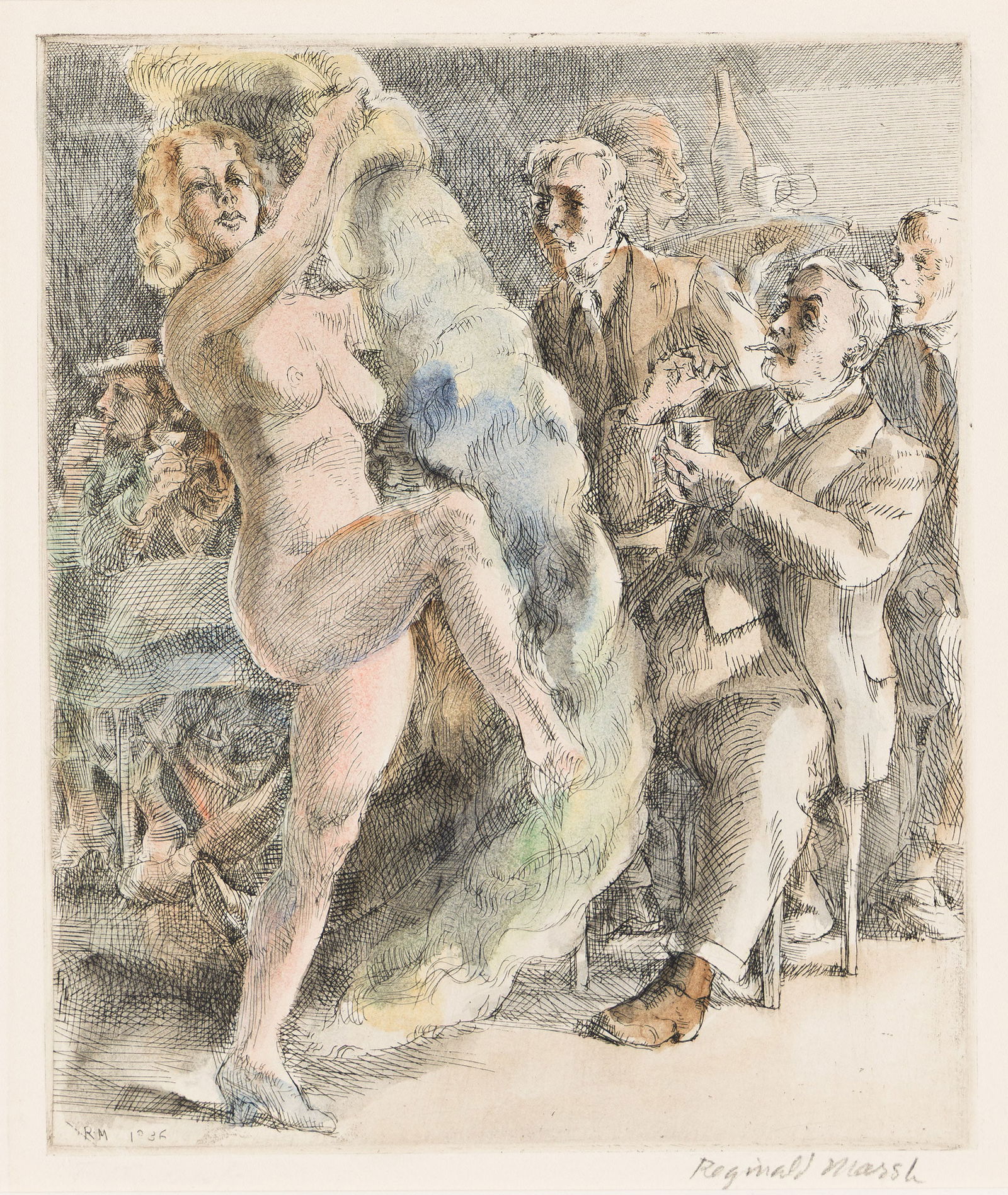 Reginald Marsh (1898-1954), Fan Dance at Jimmy Kelly's.: Reginald Marsh(1898-1954)Fan Dance at Jimmy Kelly's.Color etching with hand coloring in watercolor.Third state (of 3). Edition of 20 (from an intended edition of 50). Signed in pencil, lower right. Sa