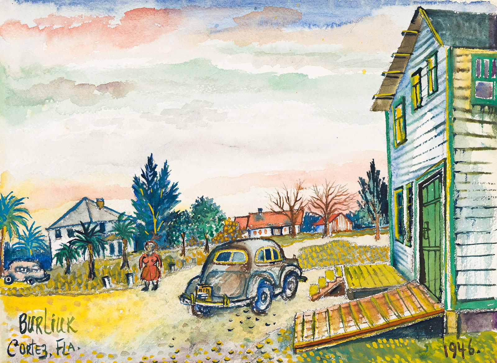 David Burliuk (1882-1967), Cortez, Florida, 1946.: David Burliuk(1882-1967)Cortez, Florida.Watercolor on wove paper, 1946.Signed and inscribed lower left, and dated lower right.11 x 15 1/8 in. (27.9 x 38.4 cm.)Frame: 20 1/4 x 24 1/4 in. (51.4 x 61.6 c