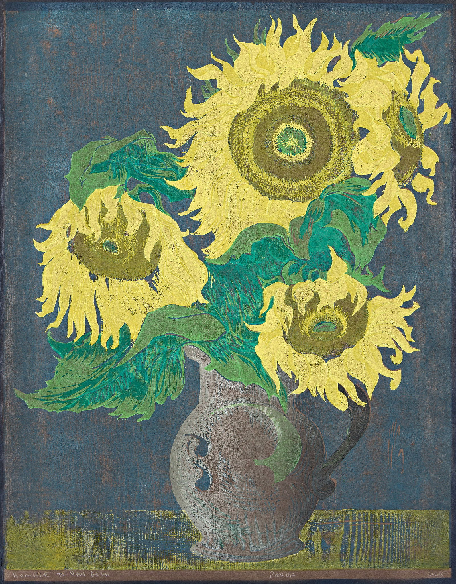 Mervin Jules (1912-1994), Homage to Van Gogh.: Mervin Jules(1912-1994)Homage to Van Gogh.Color woodcut on dark blue Japan paper.Signed, titled and inscribed "Proof" in white crayon, lower margin.Image: 28 3/8 x 22 1/8 in. (72.1 x 56.2 cm.), full m