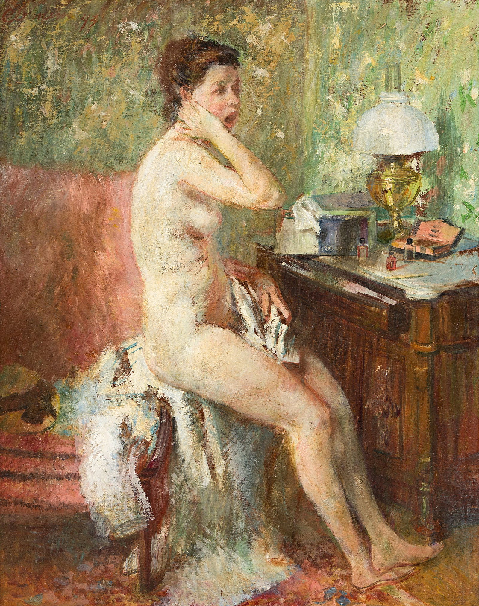 Paul Lewis Clemens (1911-1992), The Manicure (Still Tired), 1943.: Paul Lewis Clemens(1911-1992)The Manicure (Still Tired).Oil on board, 1943.Signed and dated upper left.21 3/4 x 18 in. (55.2 x 45.7 cm.)Frame: 30 1/2 x 26 1/2 in. (77.5 x 67.3 cm.) Provena