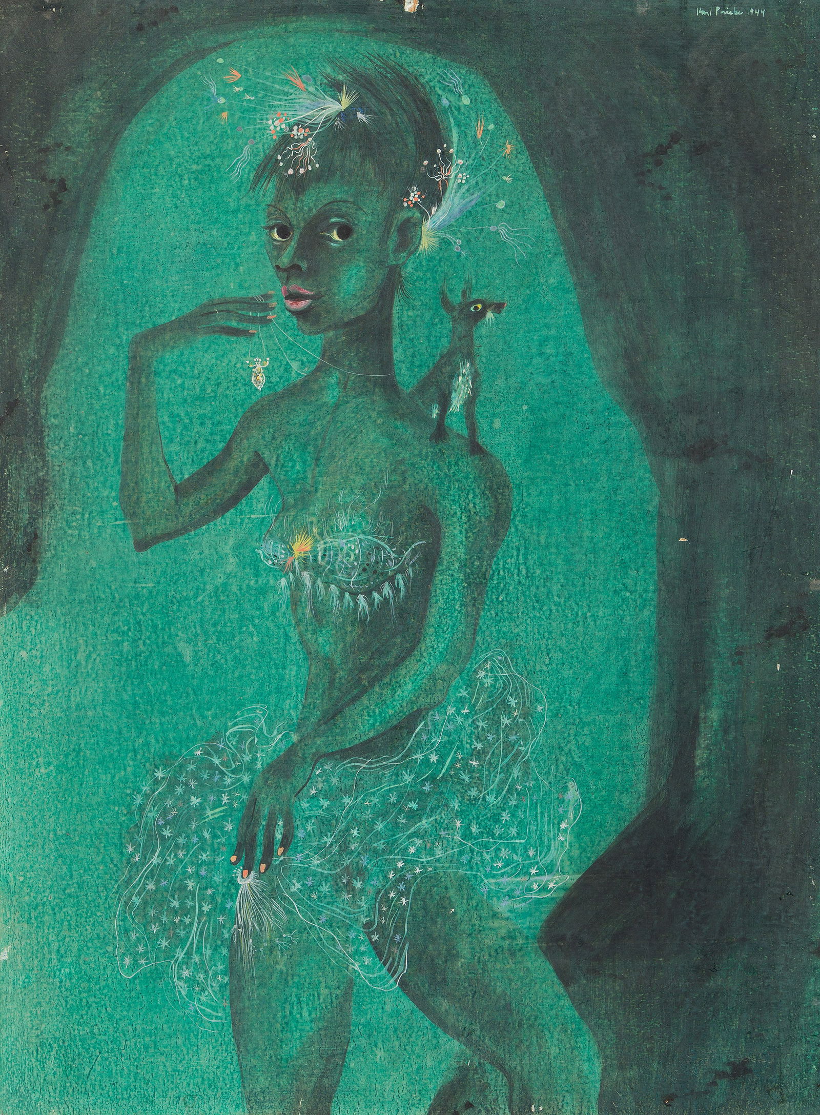 Karl Priebe (1914-1976), The Entertainer, 1944.: Karl Priebe (1914-1976) The Entertainer. Casein on board, double-sided, 1944. Signed and dated upper right verso. With a painting of a draped young woman, verso. 20 x 15 in. (50.7 x 38 cm.) Frame: 28