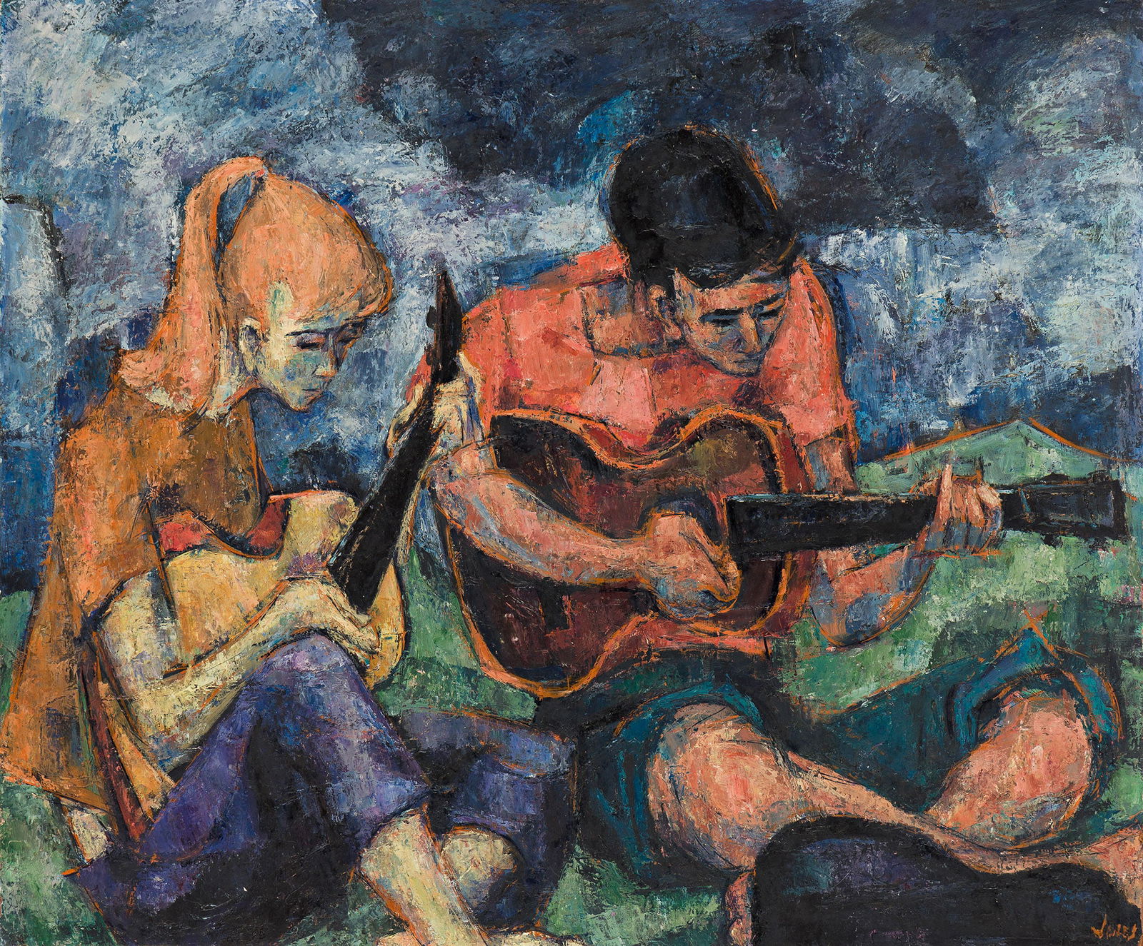 Mervin Jules (1912-1994), Guitar Players.: Mervin Jules(1912-1994)Guitar Players.Oil on masonite.Signed lower right.29 7/8 x 35 5/8 in. (75.9 x 90.5 cm.)Frame: 38 3/4 x 45 in. (98.4 x 114.3 cm.) Provenance:[with] ACA Gallerie
