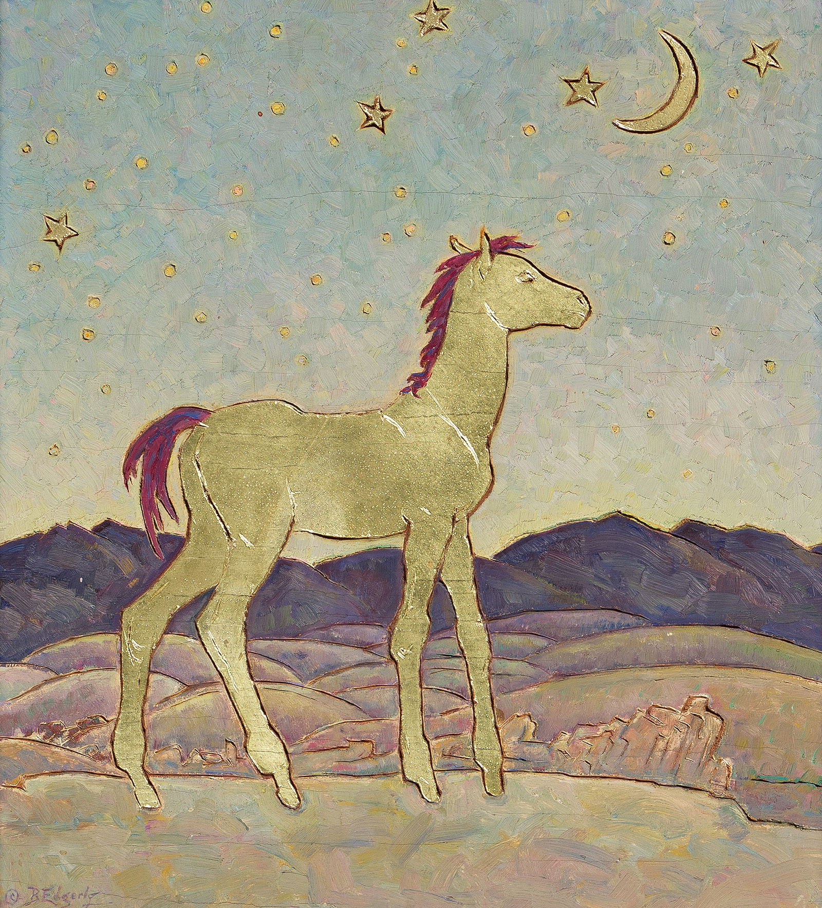 Beatrice Edgerly (1898-1973), Colt and Crescent, circa 1952.: Beatrice Edgerly(1898-1973)Colt and Crescent.Oil and gold leaf on carved panel, circa 1952.Signed lower left. Titled and signed in ink, verso.17 x 15 in. (43 x 38 cm.)Frame: 23 1/2 x 22 in. (59.7 x 55