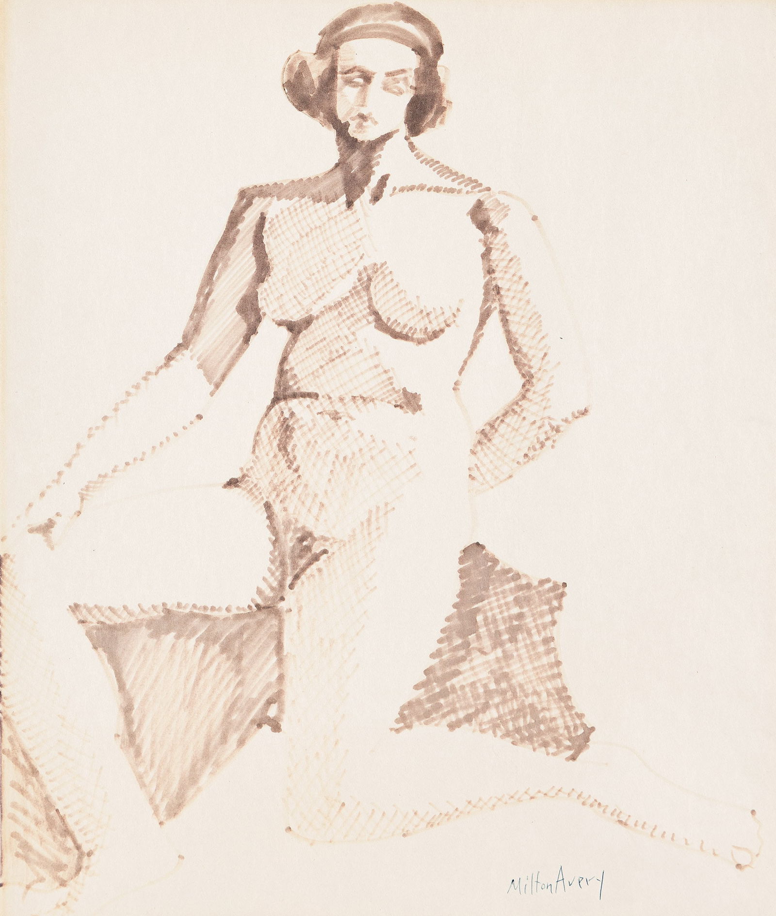 Milton Clark Avery (1885-1965), Kneeling Nude.: Milton Clark Avery(1885-1965)Kneeling Nude.Felt-tip pen on wove paper.Signed in blue ballpoint pen, lower right. Signed and titled in blue ballpoint pen, verso.16 3/4 x 13 3/4 in. (42.5 x 34.9 cm.)Fra