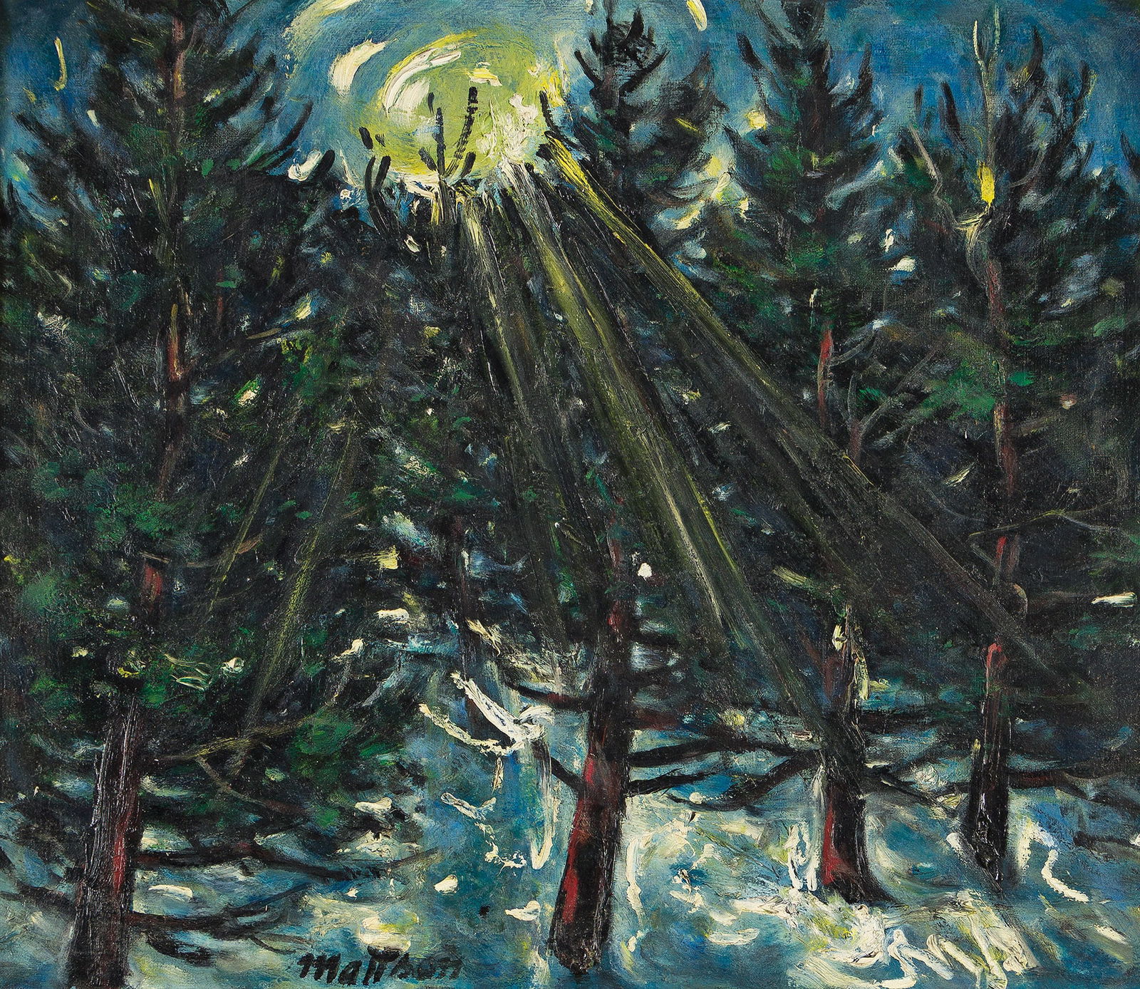 Henry Ellis Mattson (1887-1971), Moonlit Forest, circa 1950.: Henry Ellis Mattson(1887-1971)Moonlit Forest.Oil on canvas, circa 1950.Signed lower left.20 x 24 in. (51 x 61 cm.)Frame: 27 x 30 3/4 in. (68.6 x 78.1 cm.) Provenance:Rudolph Gallerie