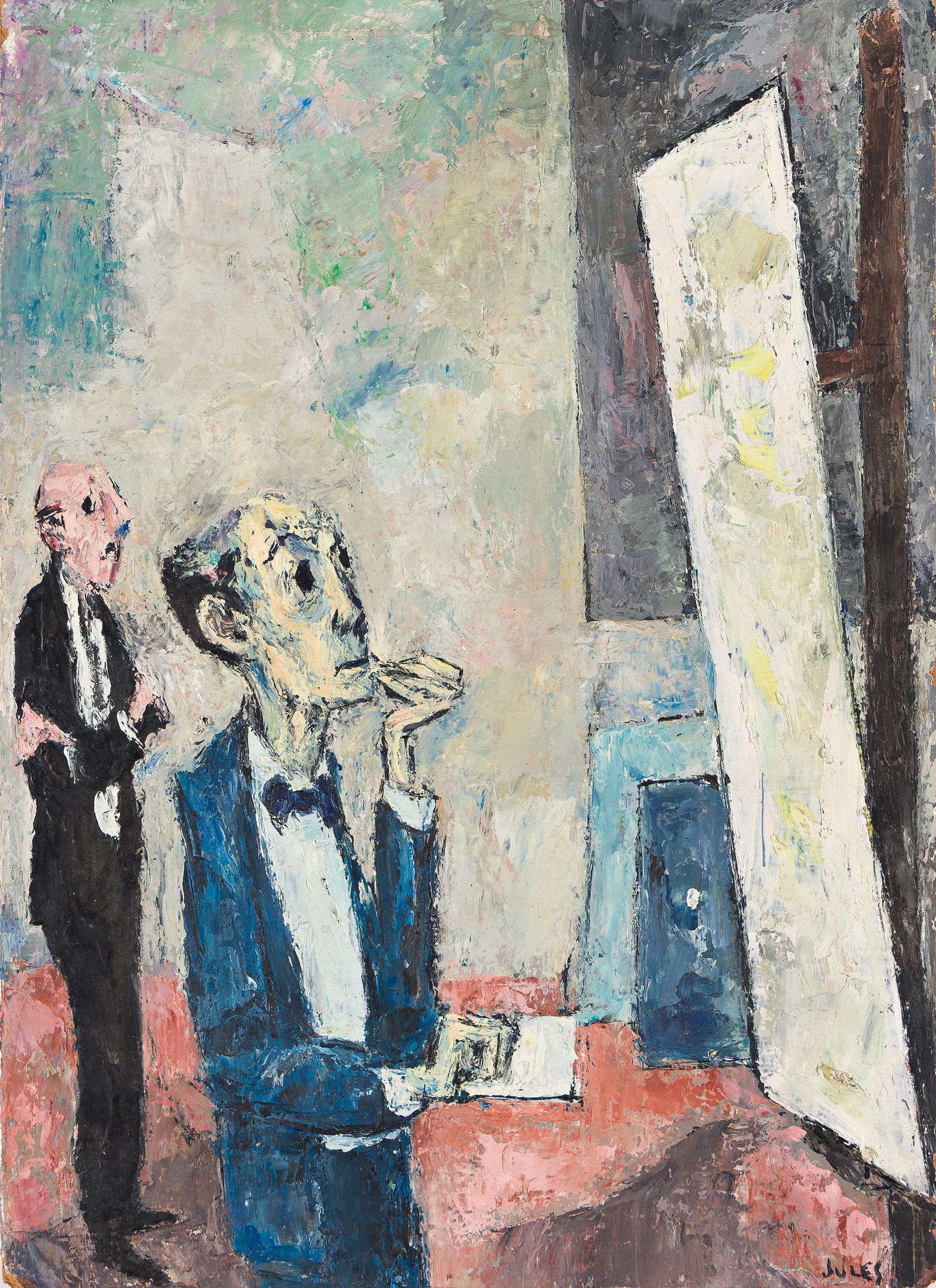 Mervin Jules (1912-1994), Untitled (Connoisseurs).: Mervin Jules(1912-1994)Untitled (Connoisseurs).Oil on masonite.Signed lower right.13 3/4 x 9 3/4 in. (35 x 25 cm.)Frame: 16 3/4 x 13 in. (42.5 x 33 cm.) Provenance:Estate of artist M