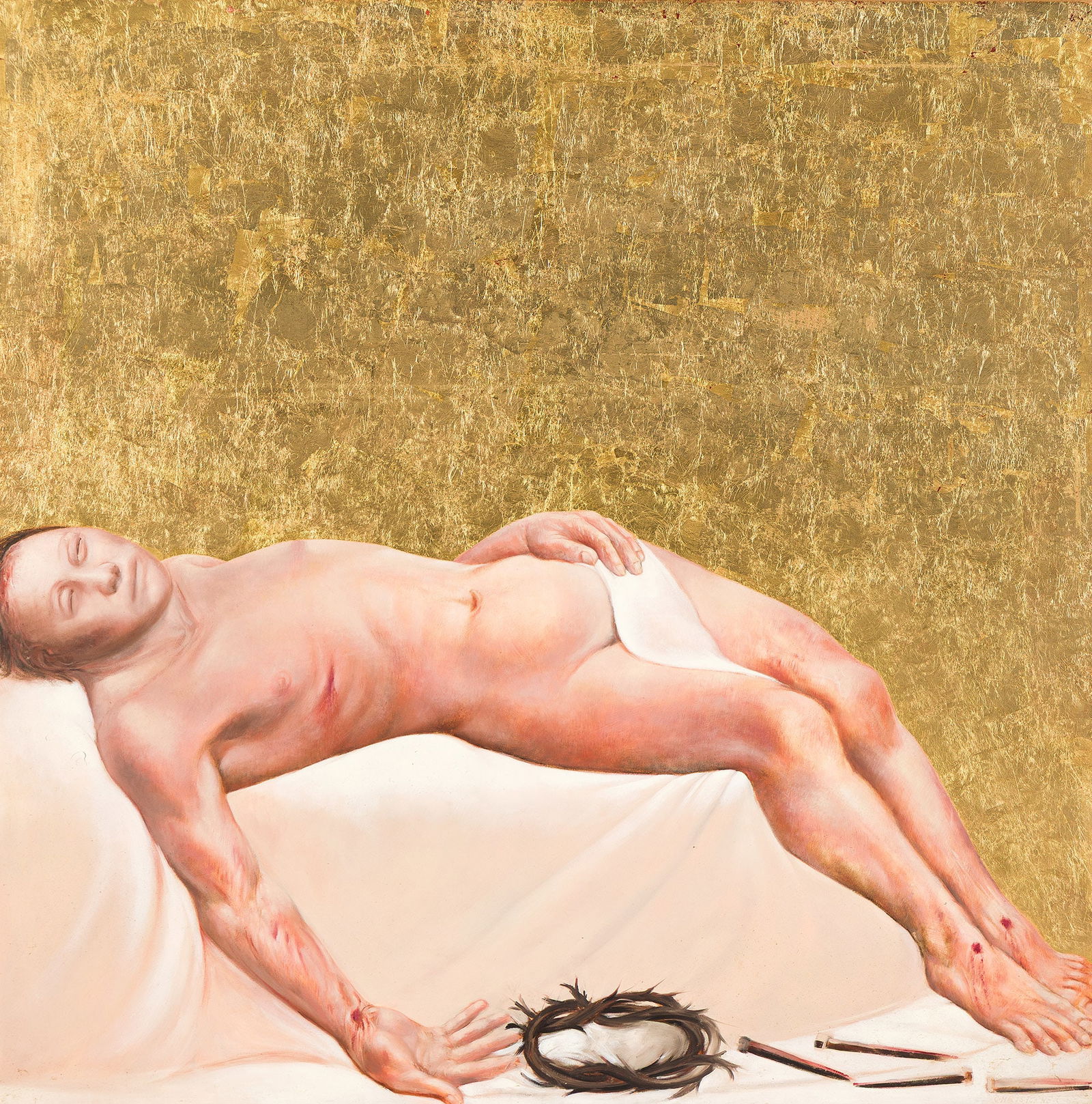 William R. Christopher (1924-1973), Christ Dying, circa 1962.: William R. Christopher(1924-1973)Christ Dying.Tempera, oil, and gold leaf on board, circa 1962.Signed lower right.48 x 48 in. (121.9 x 121.9 cm.)Frame: 54 x 53 1/2 in. (137.2 x 135.9 cm.)