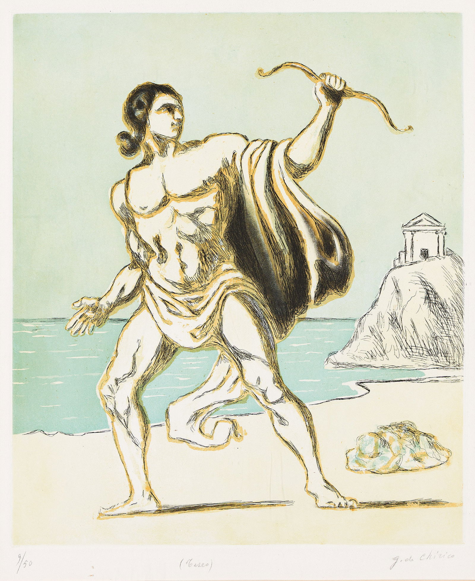 Giorgio de Chirico (1888-1978), Teseo, 1970.: Giorgio de Chirico(1888-1978)Teseo.Color etching and aquatint, 1970.Color etching and aquatint, 1970. Signed, titled and numbered 9/50 in pencil, lower margin, and with the artist's blind stamp lower