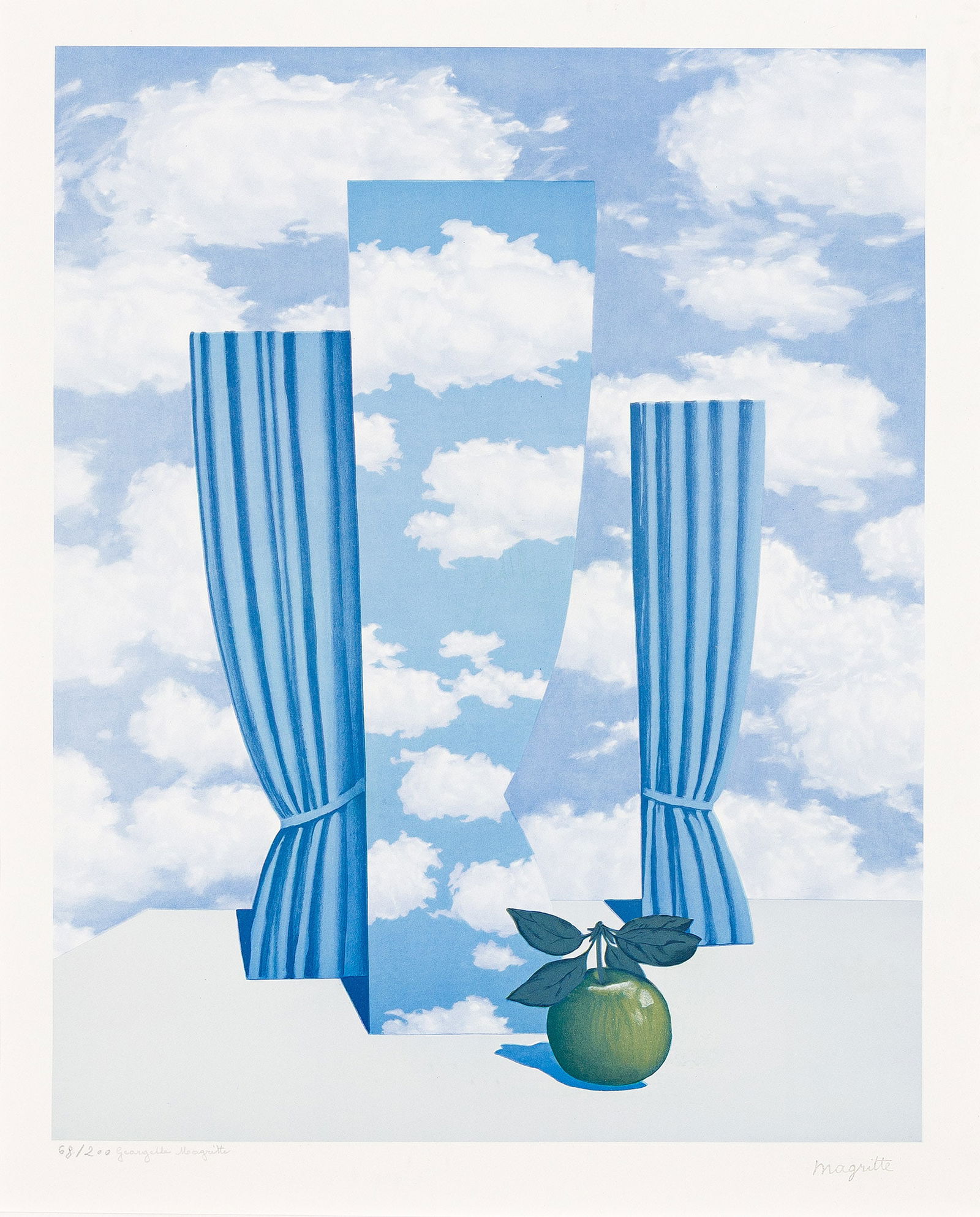René Magritte (After), Le Beau Monde, 1979.: René Magritte (After)Le Beau Monde.Color lithograph on Rives BFK, 1979.With the artist's signature ink stamp, lower right. Signed by Georgette Magritte, the artist's wife, and numbered 68/200 in