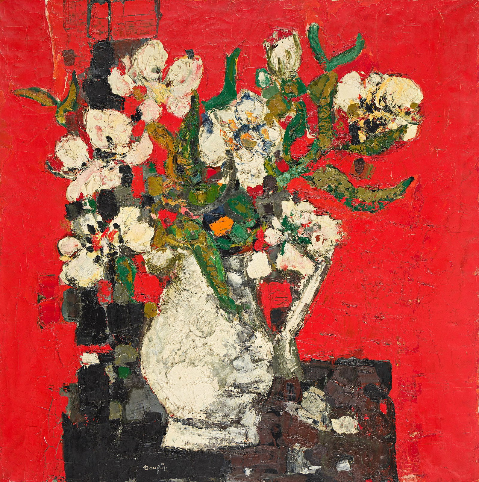 Jacques Daufin (b. 1930), Bouquet of Flowers.: Jacques Daufin(b. 1930)Bouquet of Flowers.Oil on canvas.Signed lower center.39 1/4 x 39 1/4 in. (99.7 x 99.7 cm.)Frame: 40 x 40 in. (101.6 x 101.6 cm.) Provenance:Arthur Lénars