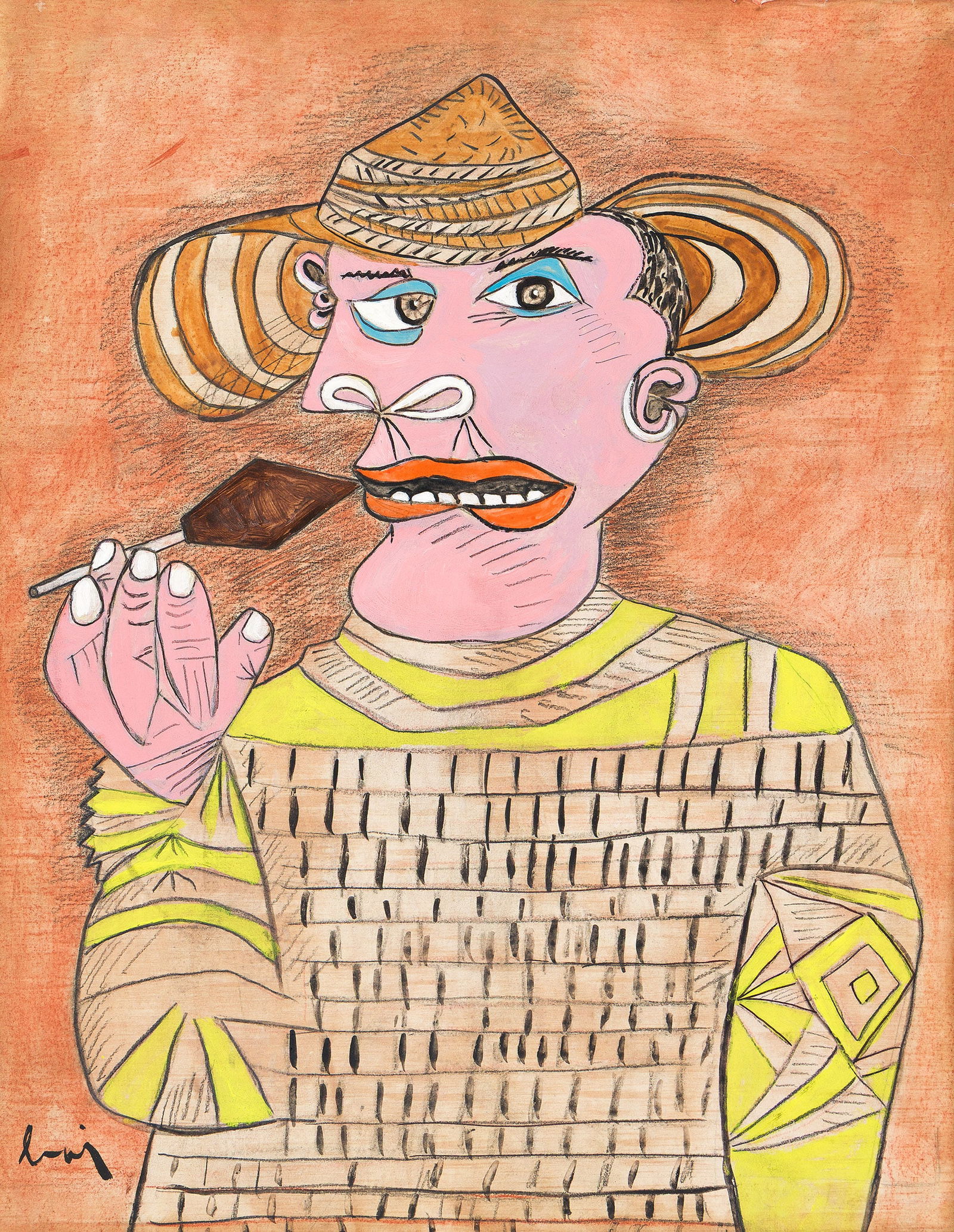Enrico Baj (1924-2003), Homme avec lollipop, 1969.: Enrico Baj(1924-2003)Homme avec lollipop.Gouache and pencil on paper mounted to panel, 1969.Signed in gouache, lower left.20 7/8 x 16 5/8 in. (53 x 42.2 cm.)Frame: 24 x 19 3/4 in. (61 x 50.2 cm.)