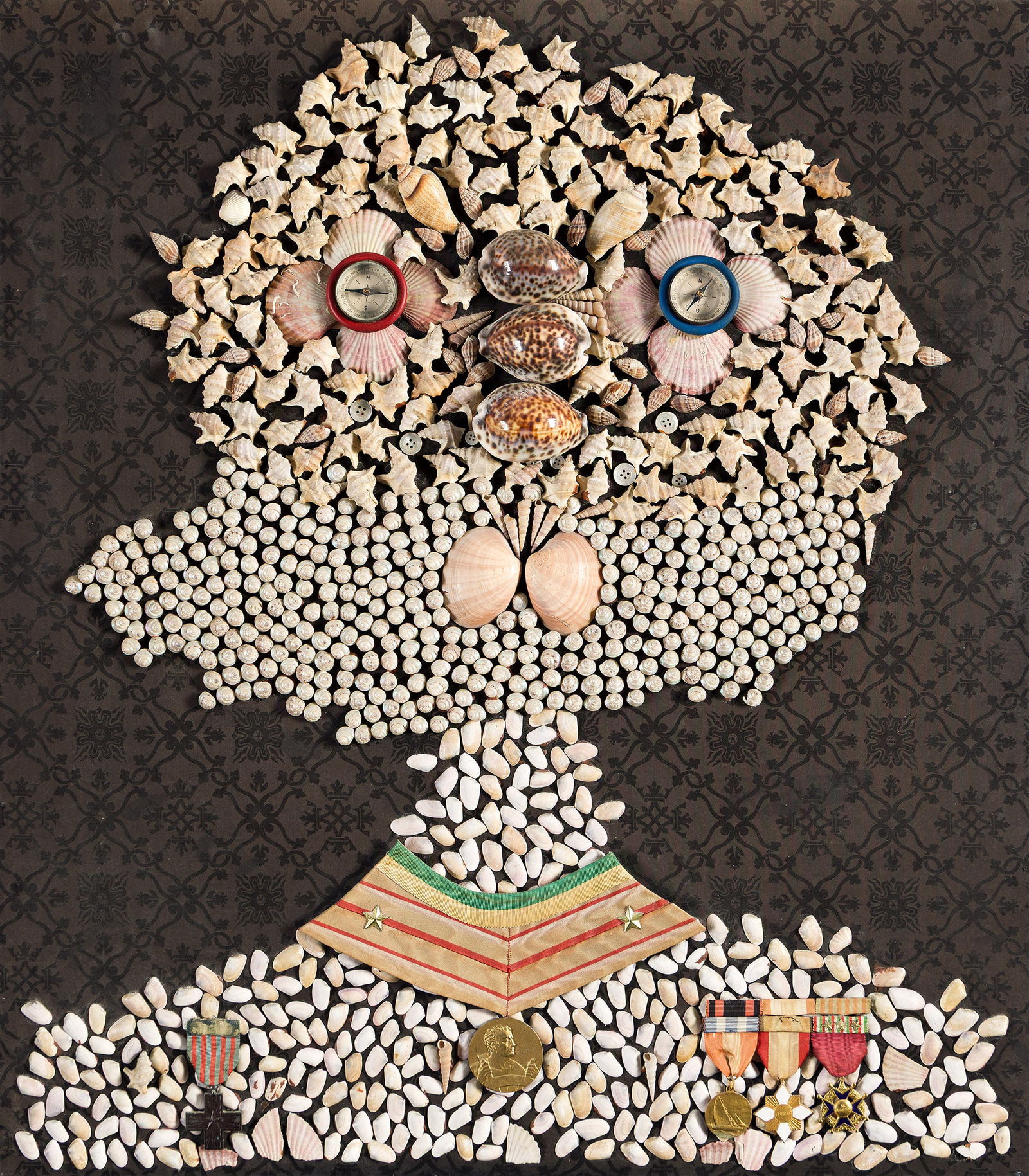 Enrico Baj (1924-2003), Orazio Nelson, Duca di Bronte, 1972.: Enrico Baj(1924-2003)Orazio Nelson, Duca di Bronte.Assemblage multiple of shells, medals and compasses on silk on panel, 1972.Incised with signature on central medal. Signed and numbered 4/80 in felt-