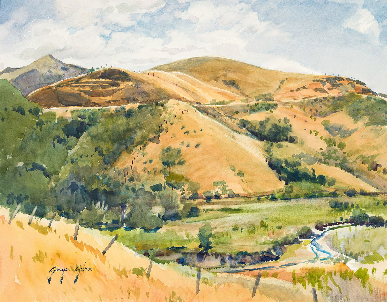 George Gibson (1904-2001), On Old Creek Road, 1992.: George Gibson(1904-2001)On Old Creek Road.Watercolor on wove paper, 1992.Signed lower left. Titled, dated and inscribed "Near Whale Rock" in pencil, verso.20 1/2 x 25 3/4 in. (52 x 65.3 cm.)Frame: 25