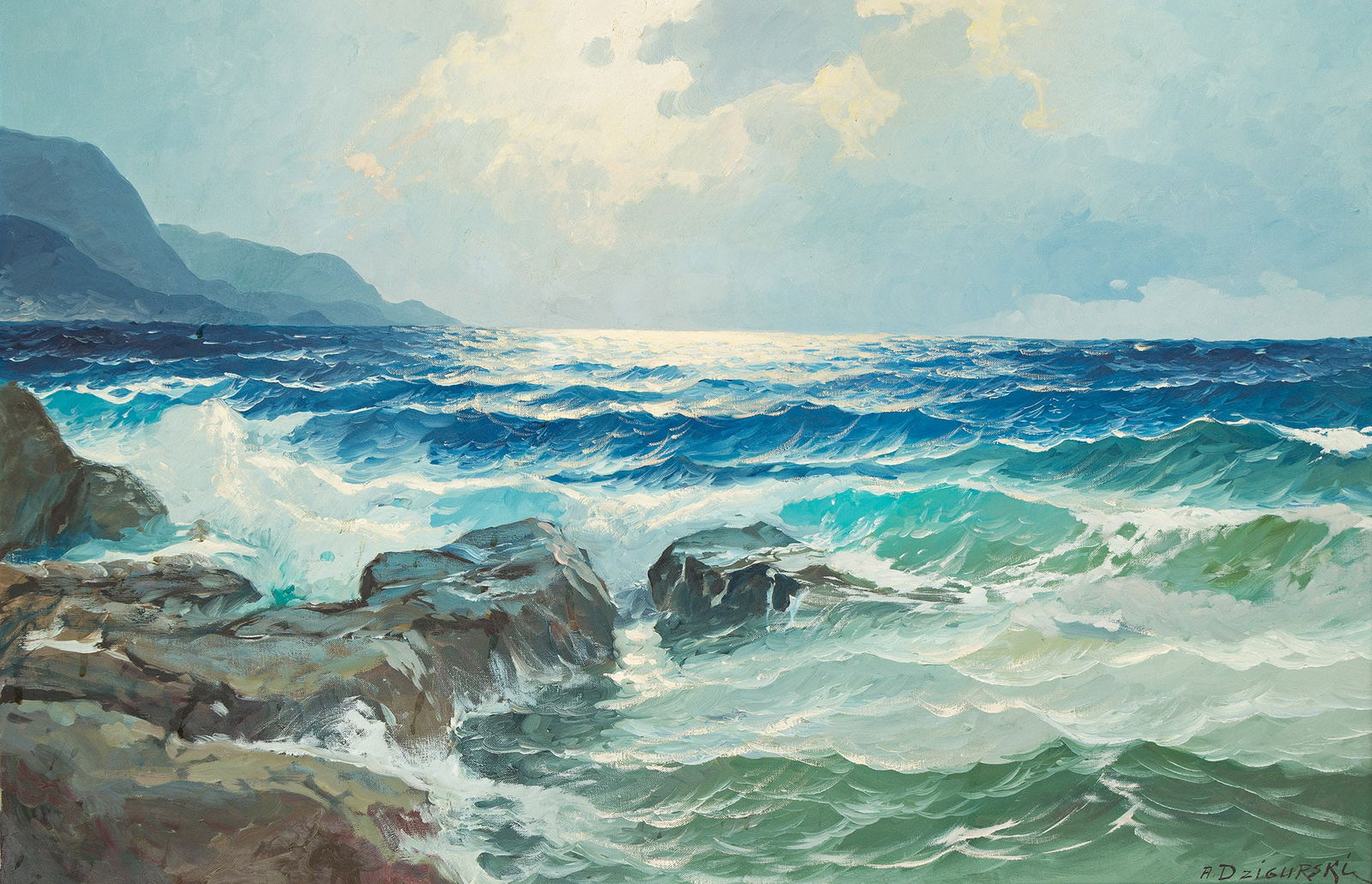 Alexander Dzigurski (1911-1995), Seascape.: Alexander Dzigurski(1911-1995)Seascape.Oil on canvas.Signed lower right.24 x 36 in. (61 x 91.4 cm.)Frame: 31 1/2 x 44 in. (80 x 111.8 cm.) Provenance:Private collection, New Jersey.<