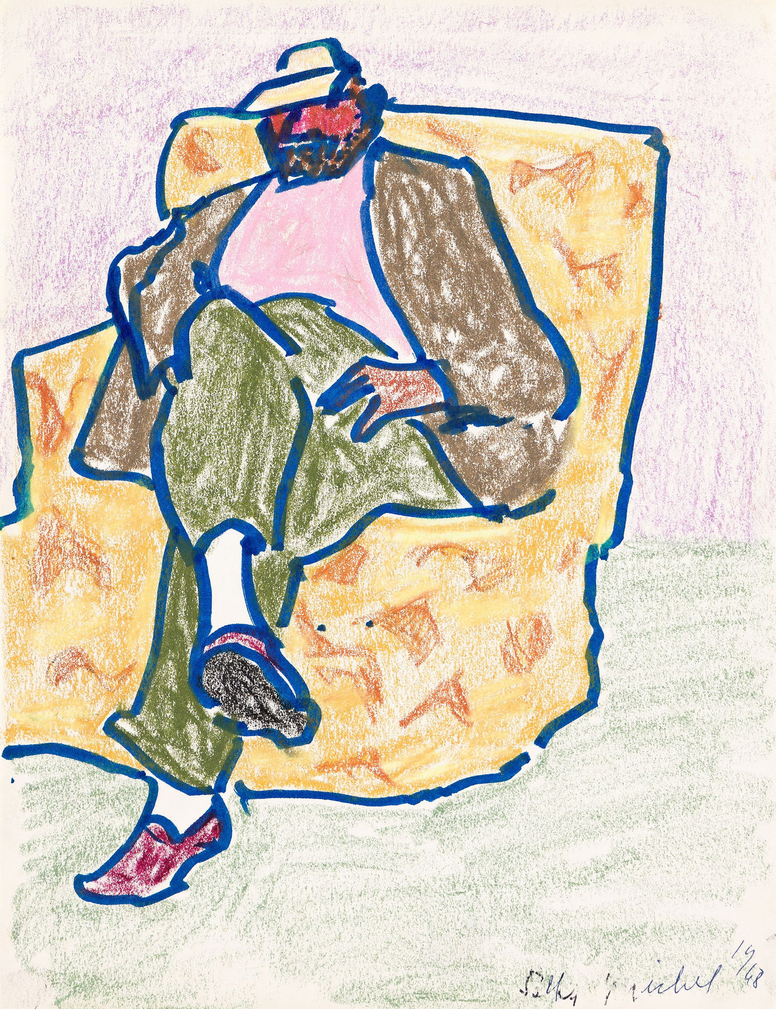 Sally Michel Avery (1902-2003), Untitled (Seated Man), 1968.: Sally Michel Avery(1902-2003)Untitled (Seated Man).Ink and crayon on wove paper, 1968.Signed and dated in ink, lower right.11 x 8 1/2 in. (27.9 x 21.6 cm.) Provenance:Private collection, N