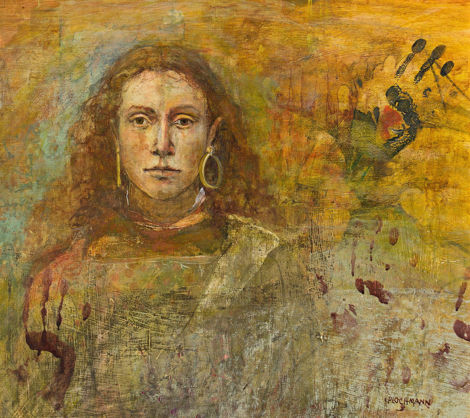 Carolyn Gassan Plochmann (1926-2023), East Village, 1988.: Carolyn Gassan Plochmann(1926-2023)East Village.Oil and acrylic on masonite, 1988.Signed lower right. Signed, titled, and dated in ink, verso.21 3/8 x 23 1/8 in. (54.3 x 58.7 cm.)Frame: 22 x 23 3/4 in