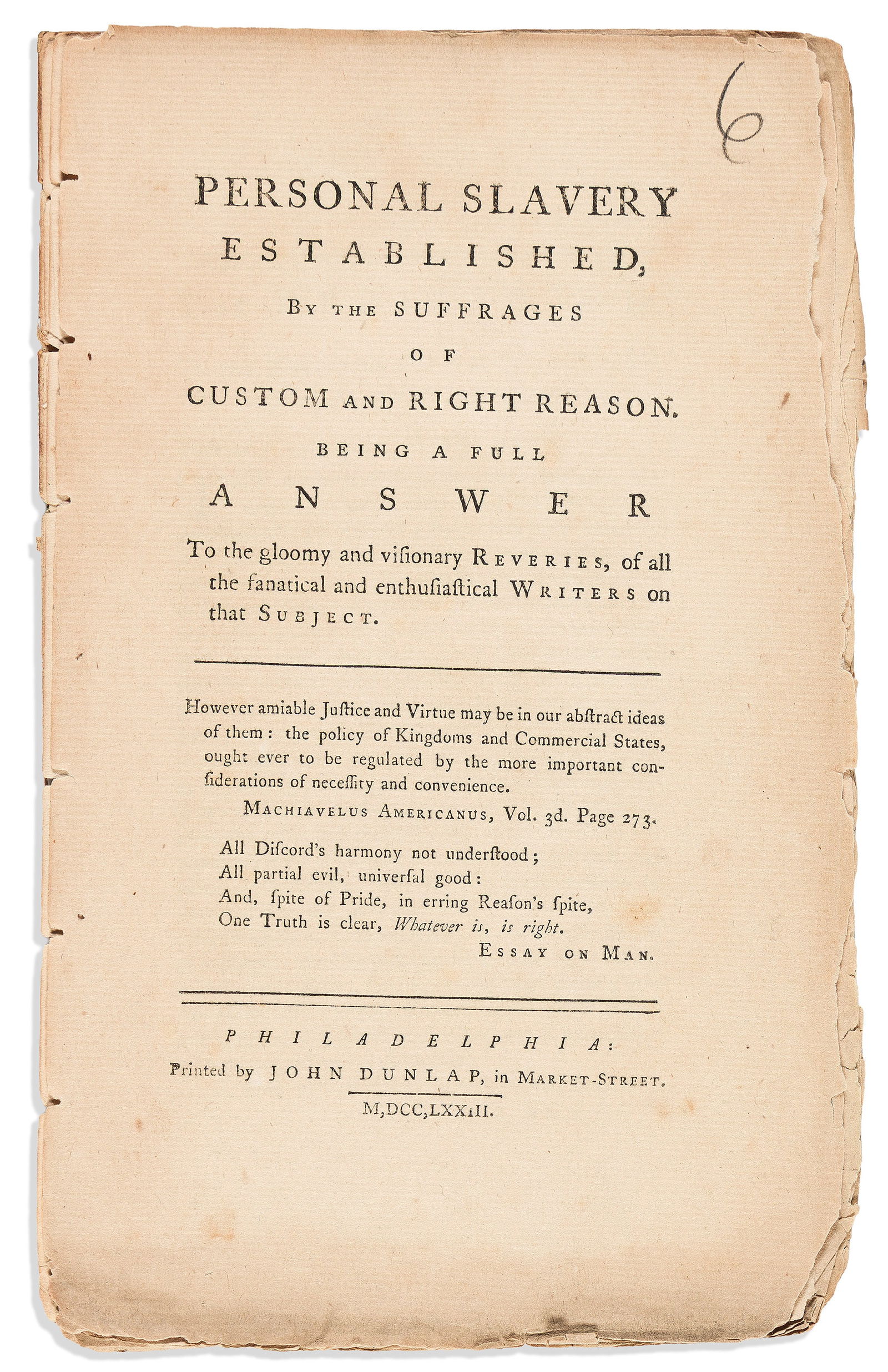 (ABOLITION.) Personal Slavery Established, by the Suffrages of Custom and Right Reason. (1 of 1)