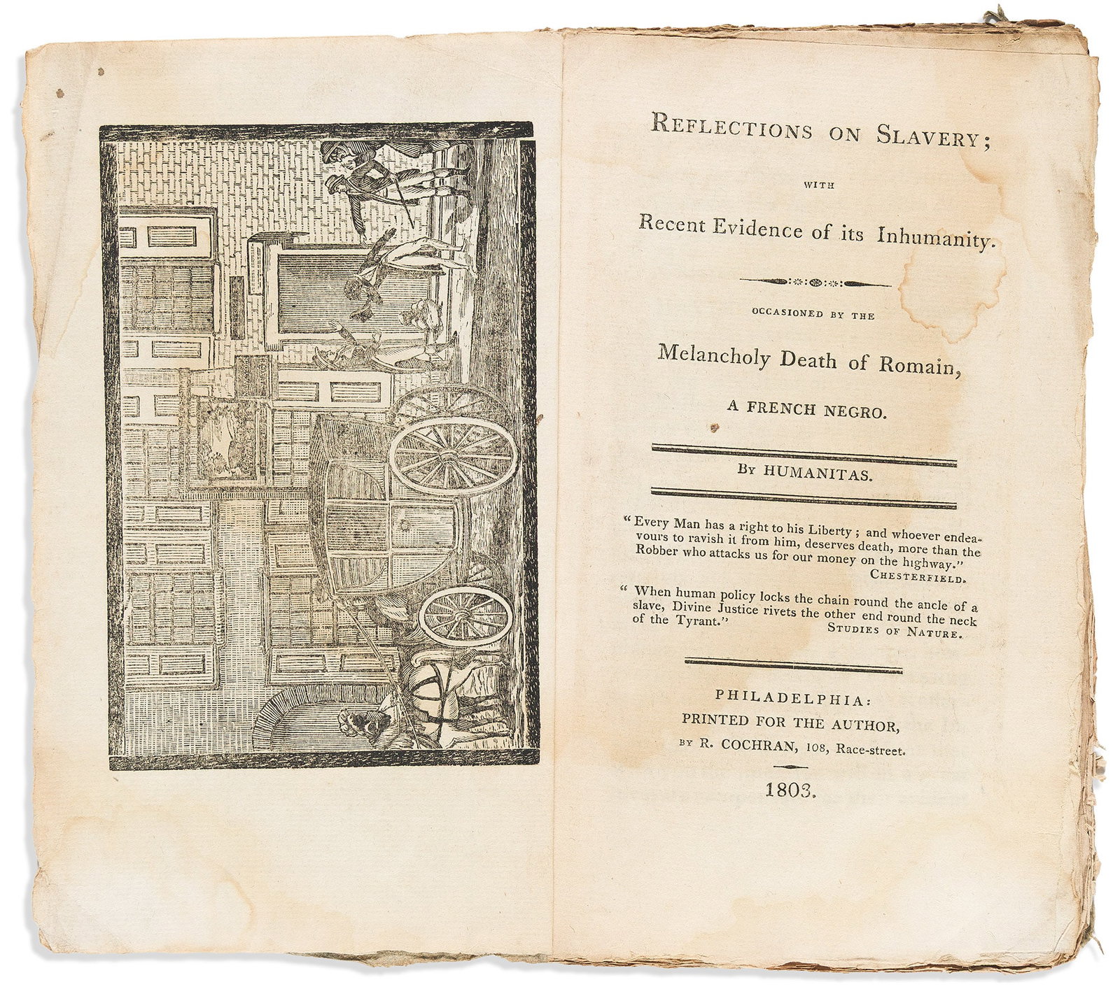 (ABOLITION.) Reflections on Slavery; with Recent Evidence of its Inhumanity. Philadelphia, 1803 (1 of 1)