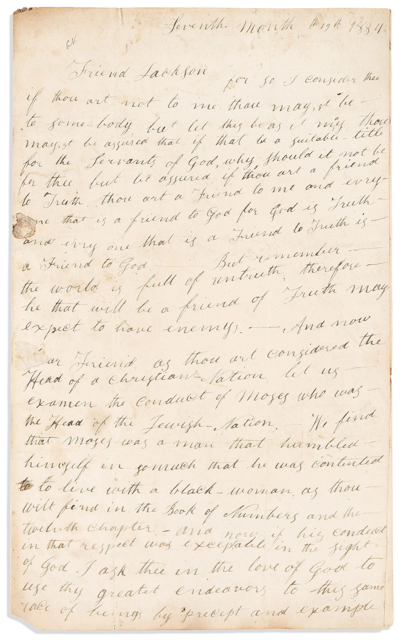 (ABOLITION.) Letter to Andrew Jackson pleading for him to emancipate his slaves. Freehold, NY, 19 (1 of 1)