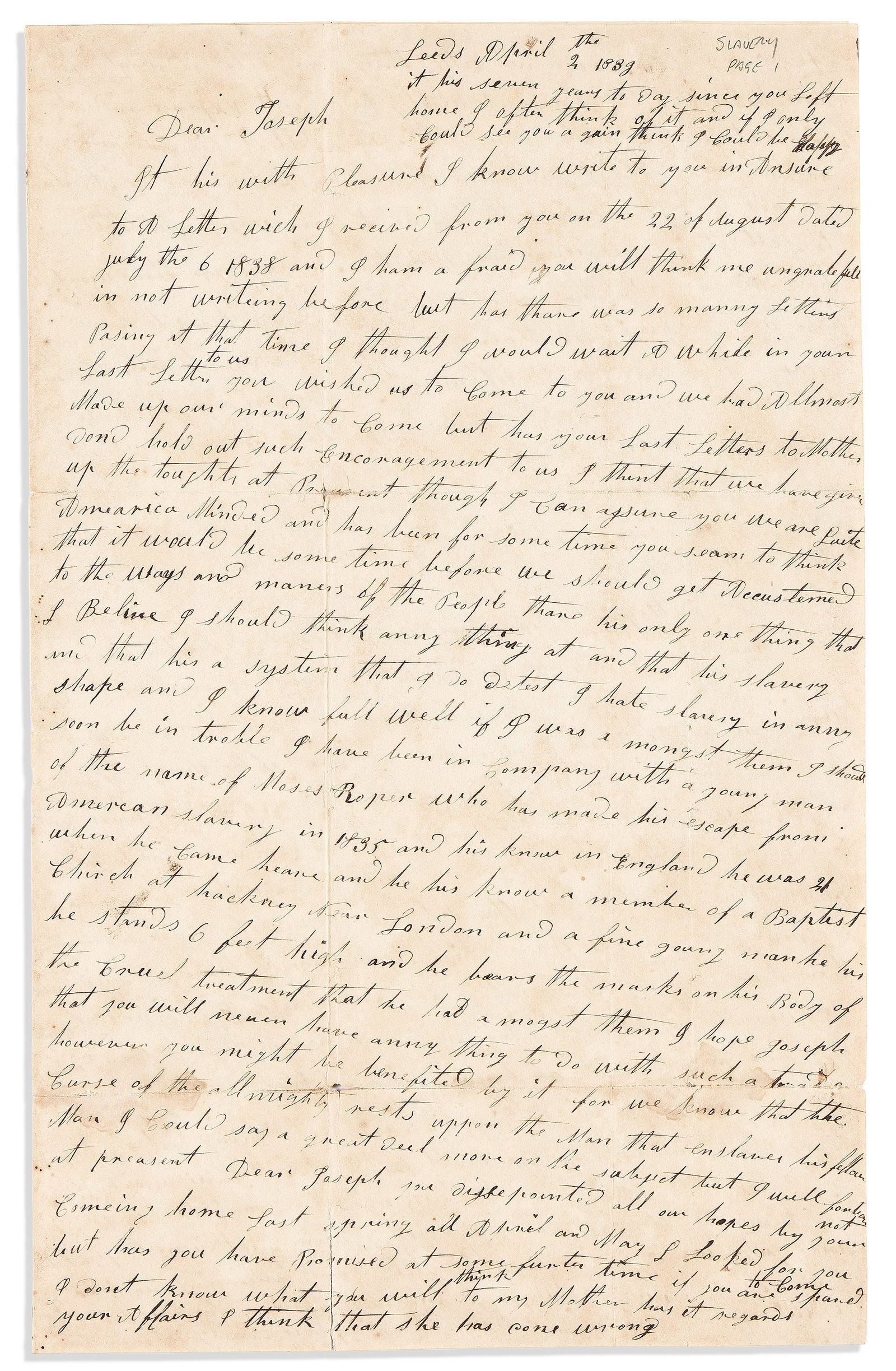 (ABOLITION.) Letter describing the fugitive abolitionist lecturer Moses Roper in England. Leeds, 2 (1 of 1)