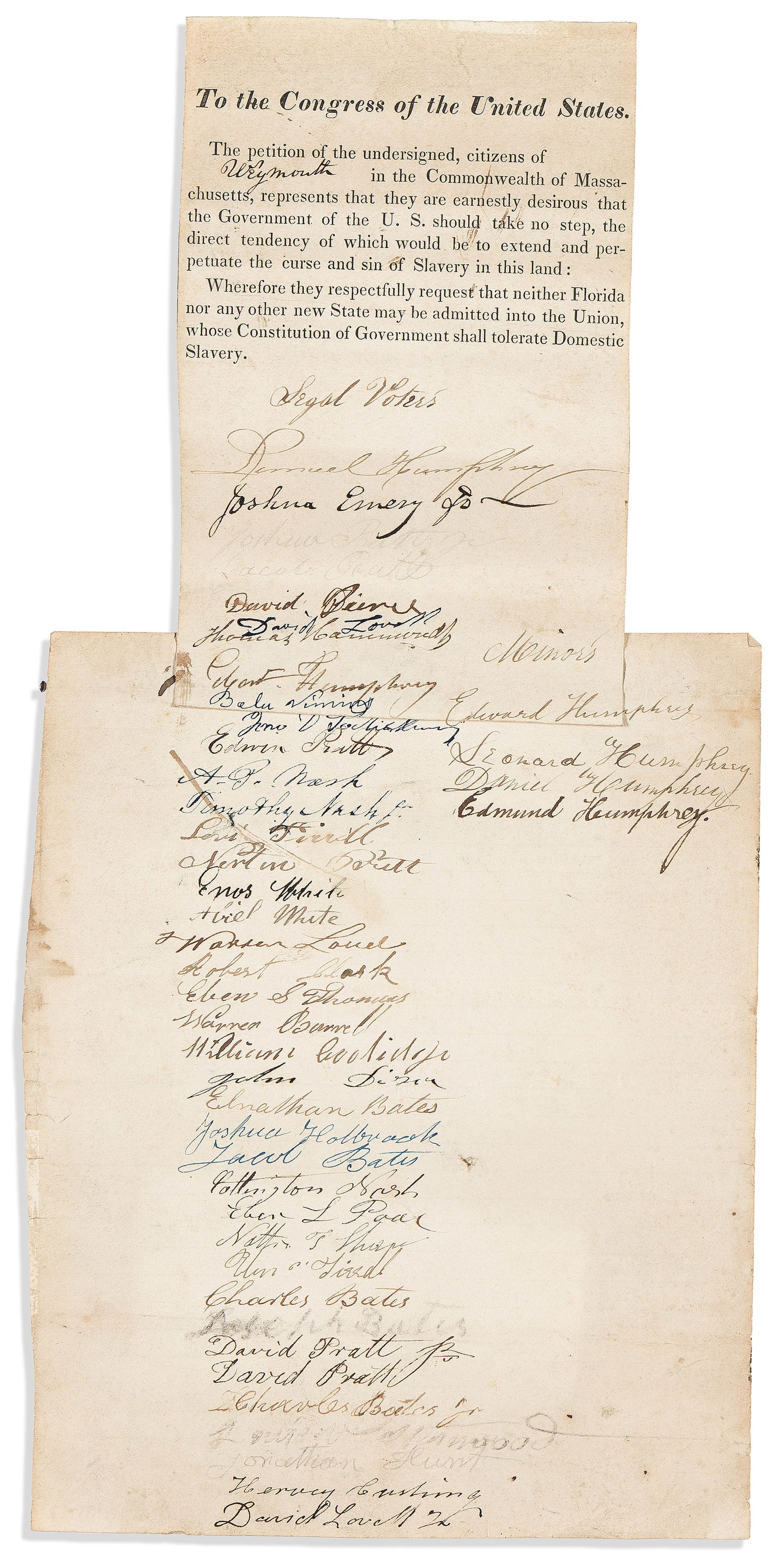 (ABOLITION.) Petition against the admission of Florida as a slave state. Weymouth, MA, circa 1841 (1 of 1)