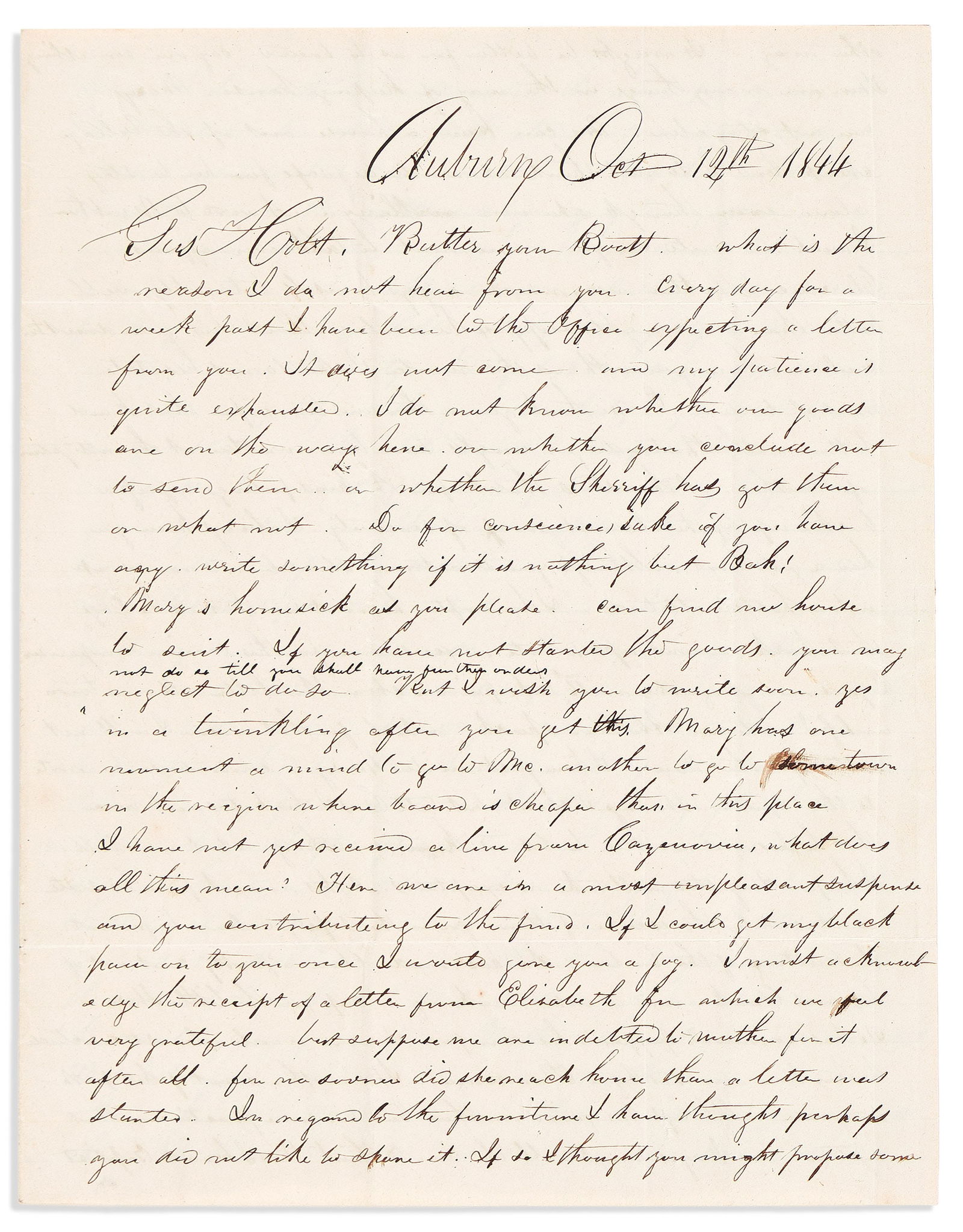 (ABOLITION.) Pair of letters discussing the Underground Railroad. Auburn and Elmira, NY, 1844-1845 (1 of 2)