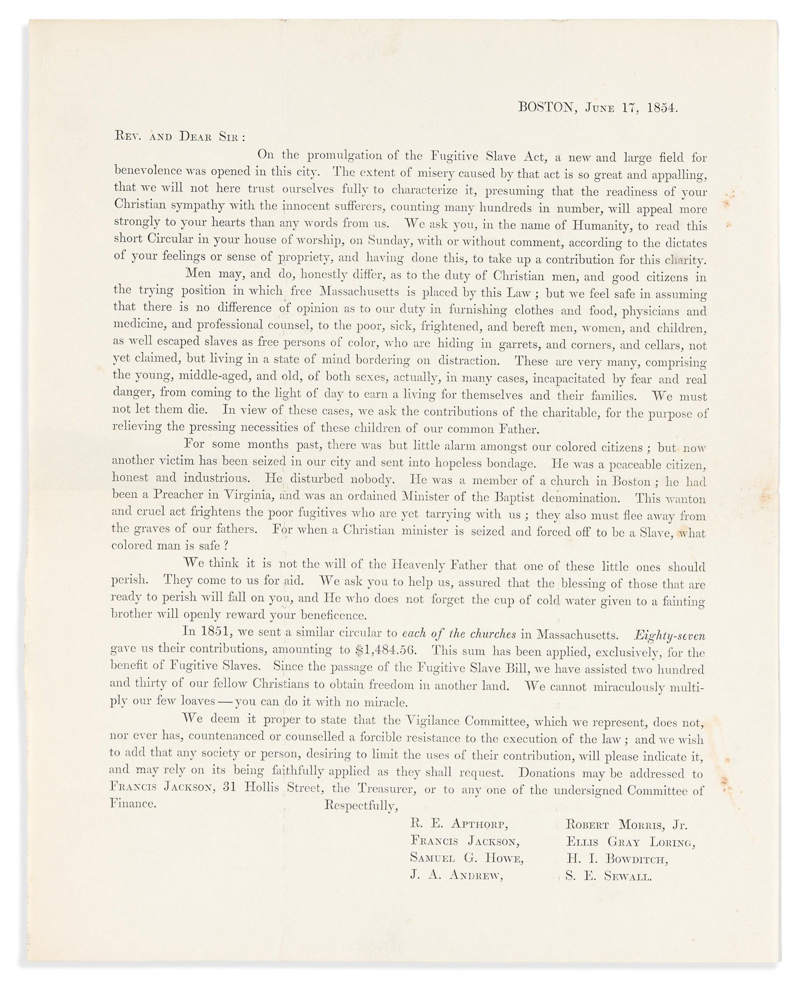 (ABOLITION.) Circular letter of the Boston Vigilance Committee in response to the Fugitive Slave (1 of 1)