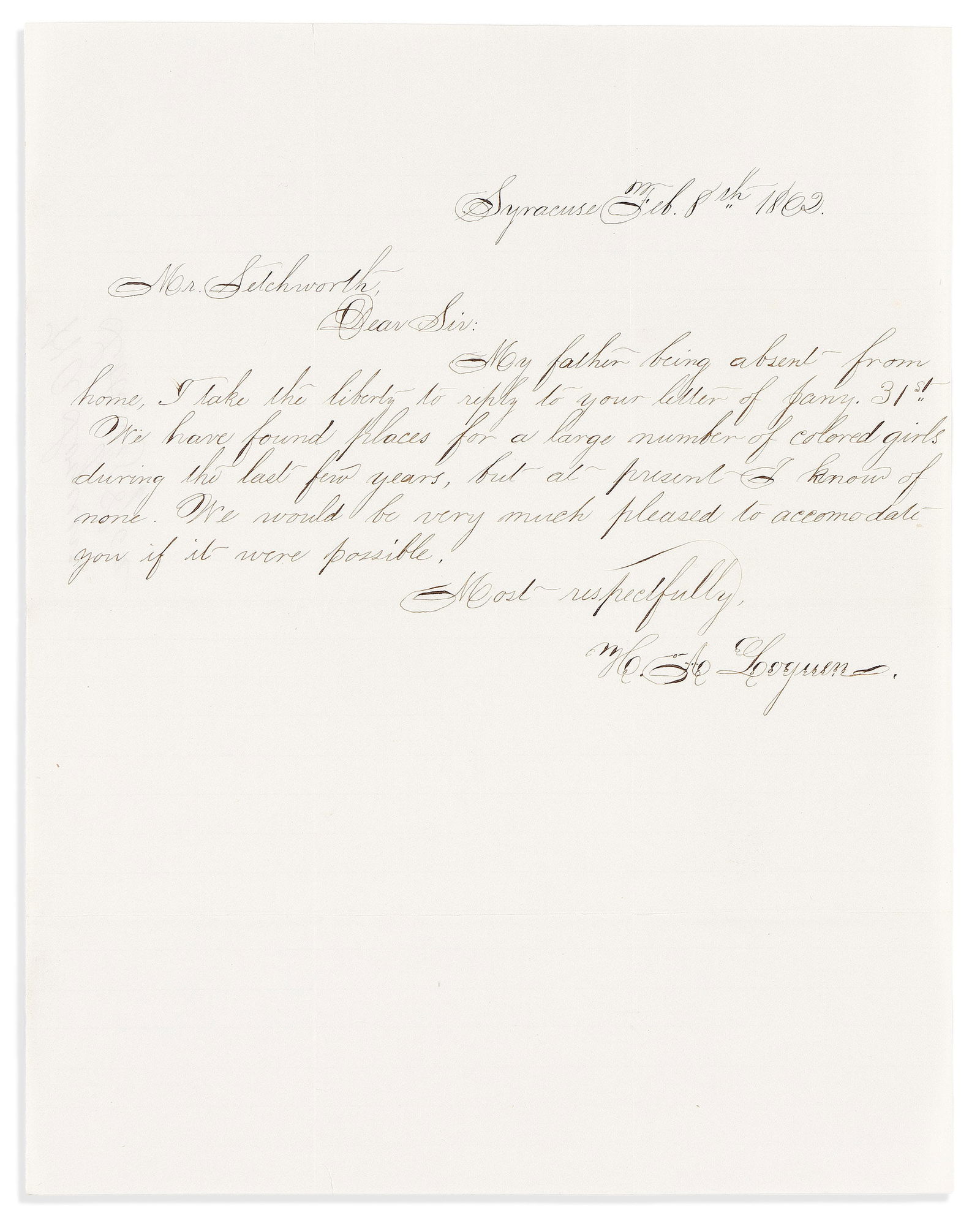 (ABOLITION.) Helen Amelia Loguen. Letter on finding "places . . . for colored girls." Syracuse, NY, (1 of 1)