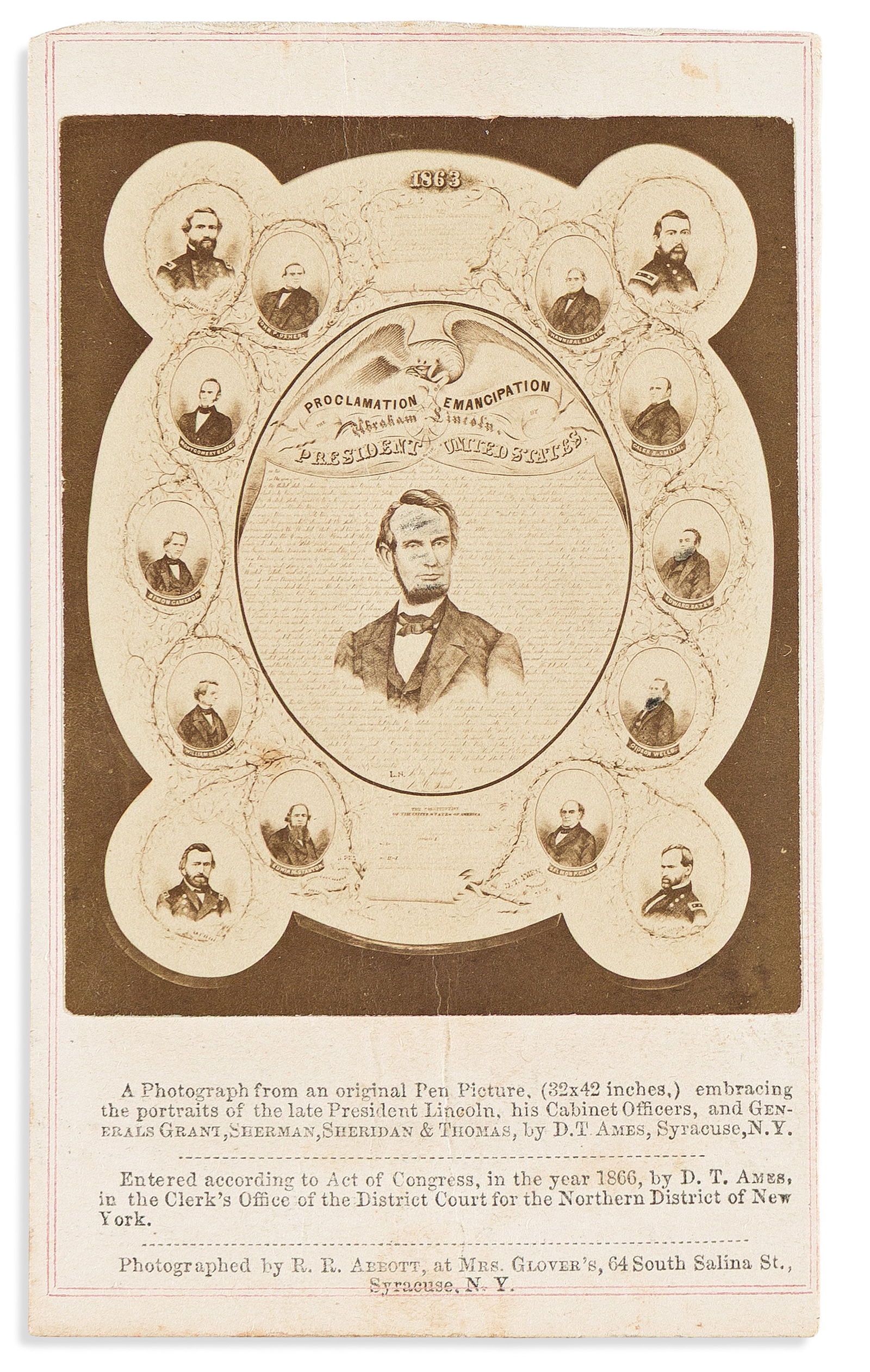 (ABOLITION.) Abraham Lincoln. Carte-de-visite of the Emancipation Proclamation. Syracuse, NY: Ames, (1 of 1)