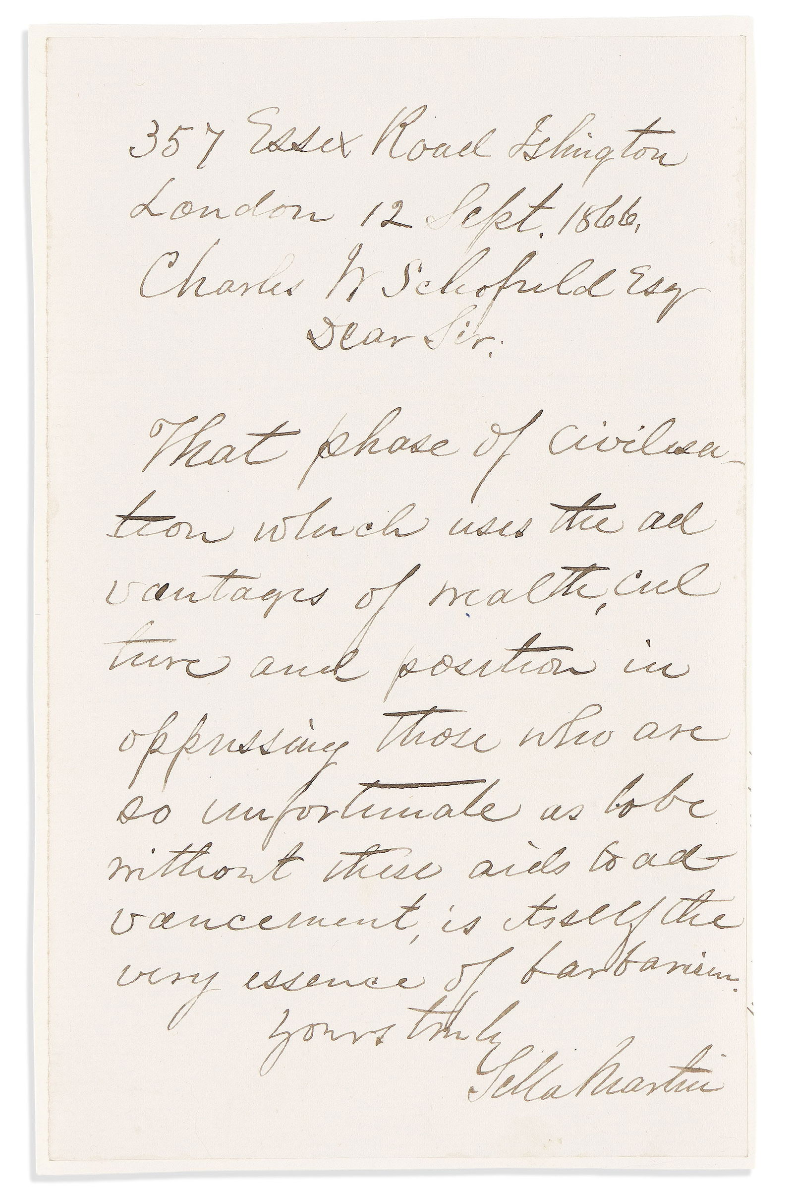 (ABOLITION.) Sella Martin. Signed message denouncing oppression by the wealthy as "barbarism." (1 of 1)