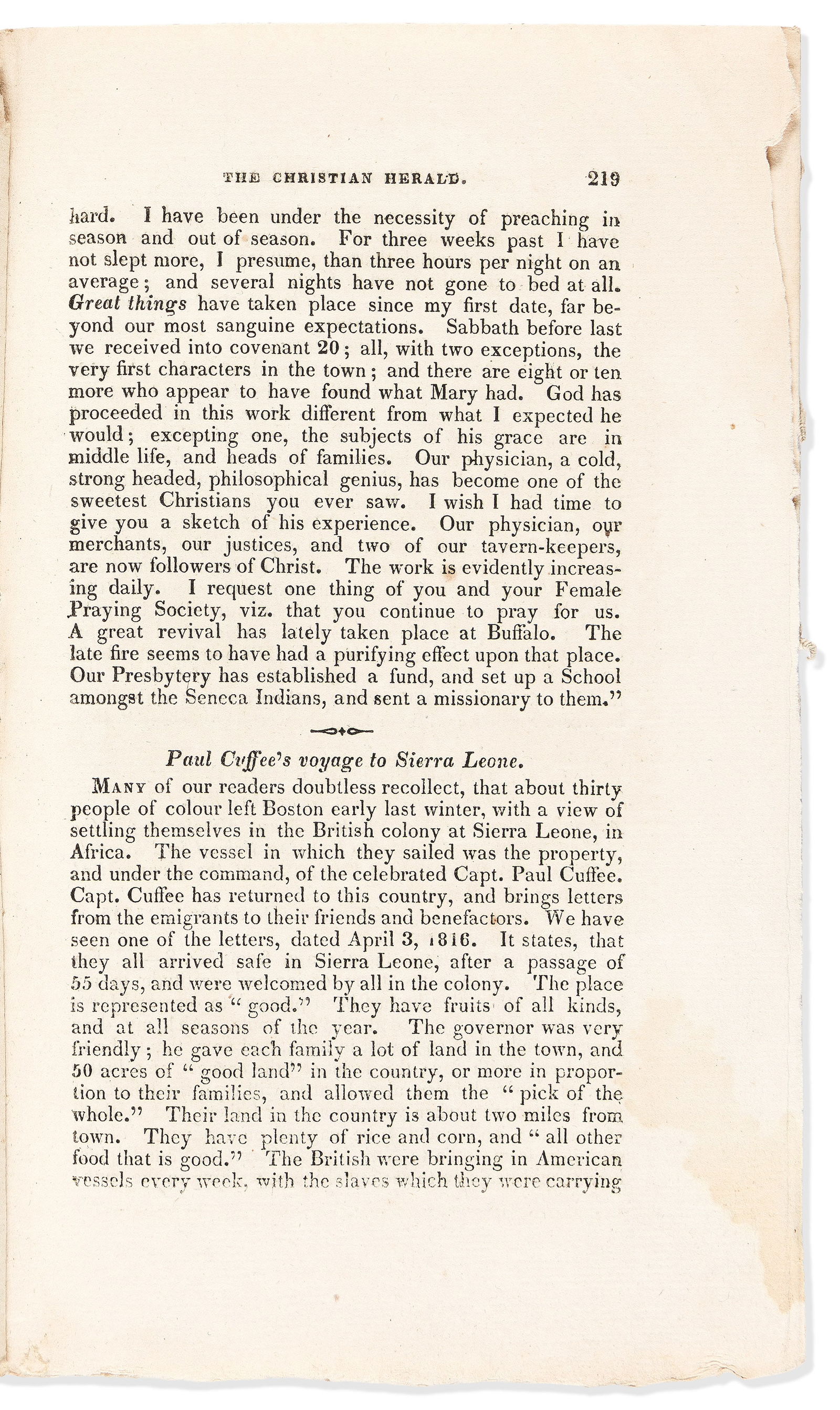 (AFRICA.) Group of periodicals regarding Paul Cuffe's settlement in Sierra Leone. Various places,: (AFRICA.)Group of periodicals regarding Paul Cuffe's settlement in Sierra Leone.Various places, 1814-18176 items: 3 newspaper issues, 2 magazine issues, and one bound volume of magazines.The sea capta